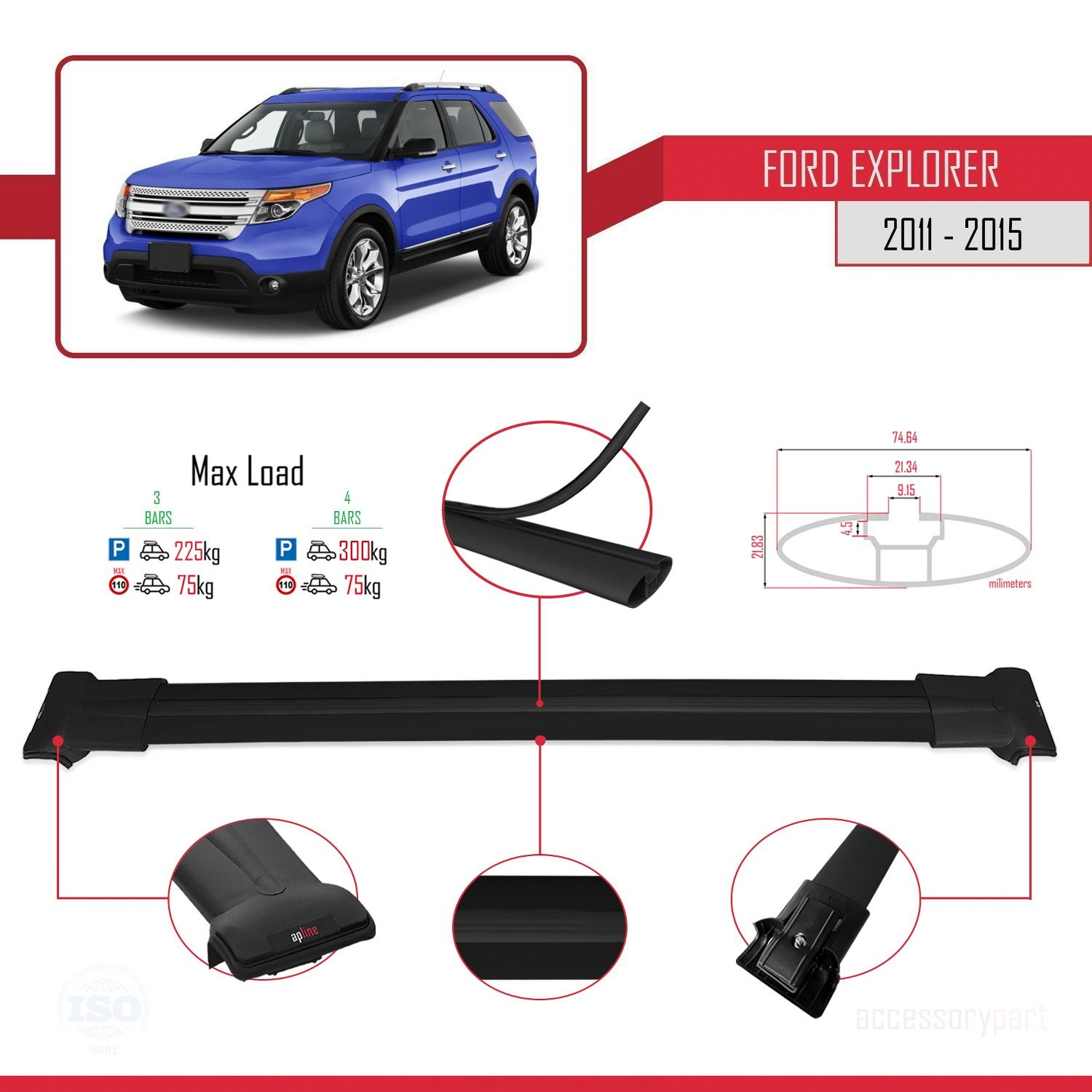 Ford Explorer 2011-2015 Arası ile uyumlu FLY Model Ara Atkı Tavan Barı SİYAH 4 ADET BAR