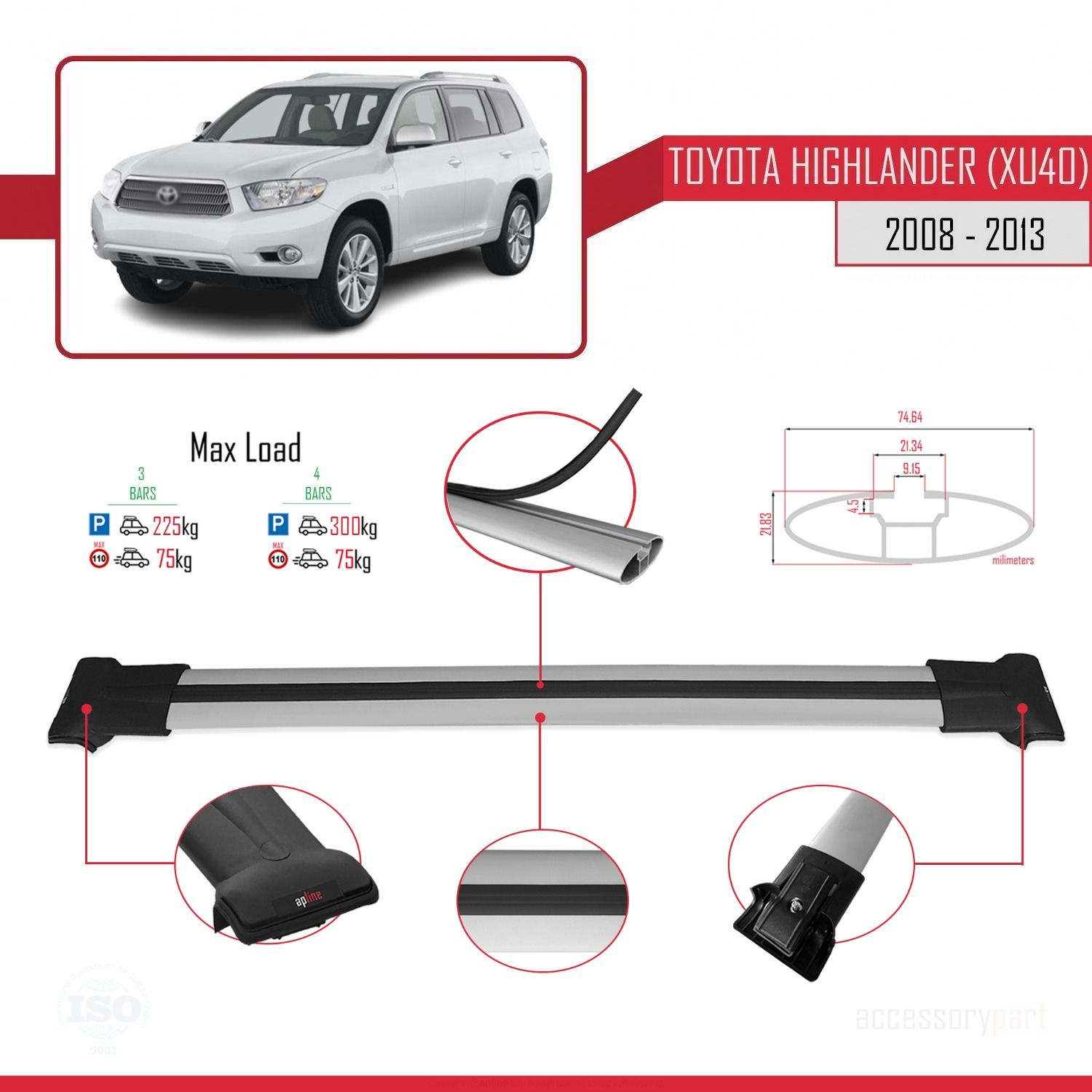 Toyota Highlander (XU40) 2008-2013 Arası ile Uyumlu FLY Model Ara Atkı Tavan Barı GRİ 3 ADET BAR