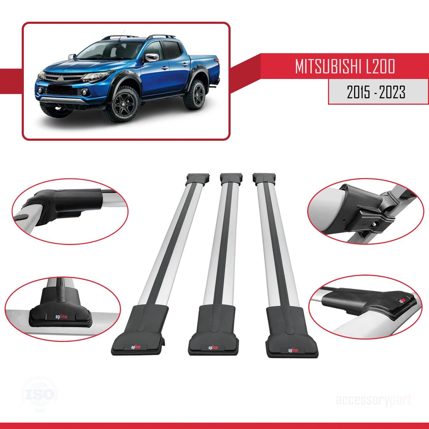 Mitsubishi L200 2015-2023 Arası ile Uyumlu FLY Model Ara Atkı Tavan Barı GRİ 3 ADET BAR