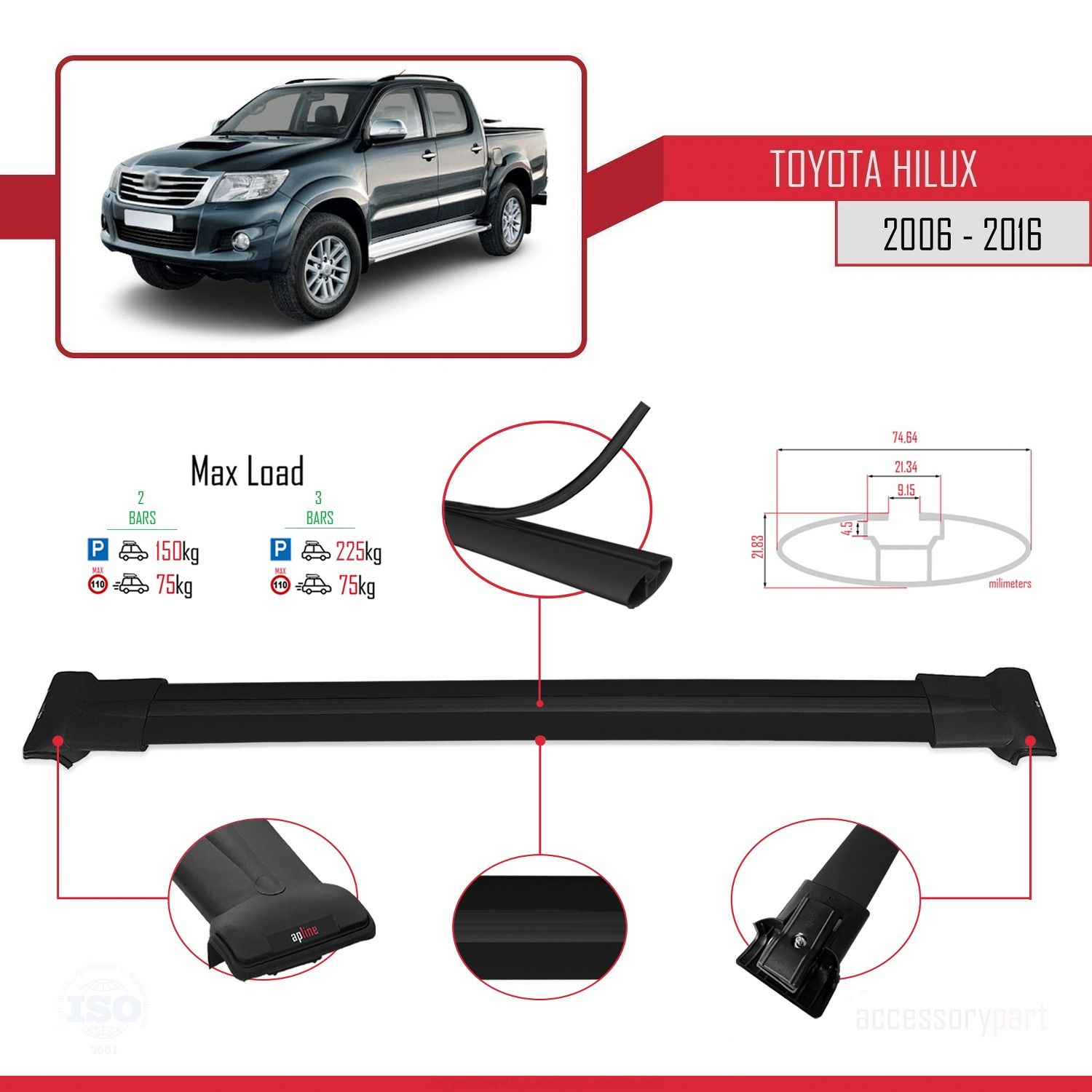 Toyota Hilux 2006-2016 Arası ile uyumlu FLY Model Ara Atkı Tavan Barı SİYAH