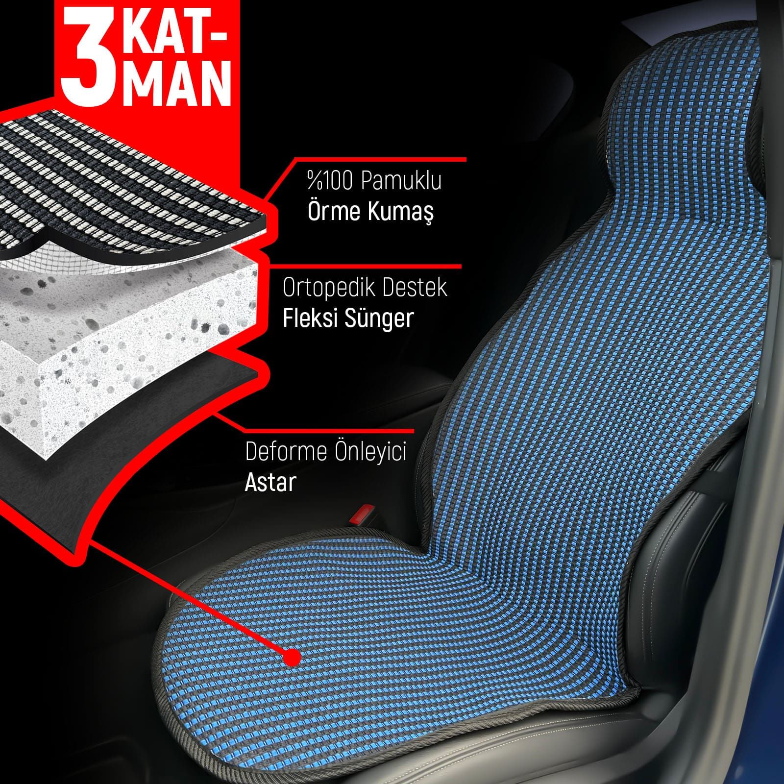 Hyundai İ20N Uyumlu Koltuk Kılıfı Minder Çizgili Siyah Mavi 2+1 Ön Arka Set