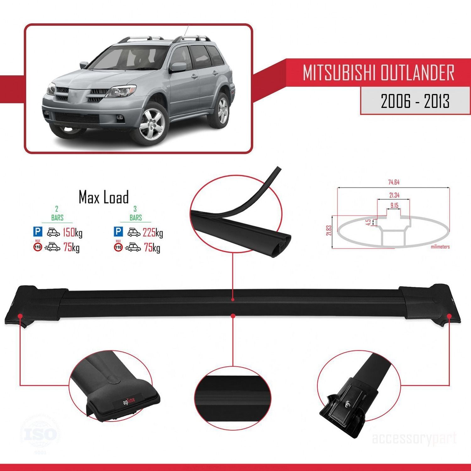 Mitsubishi Outlander 2006-2013 Arası ile Uyumlu FLY Model Ara Atkı Tavan Barı SİYAH