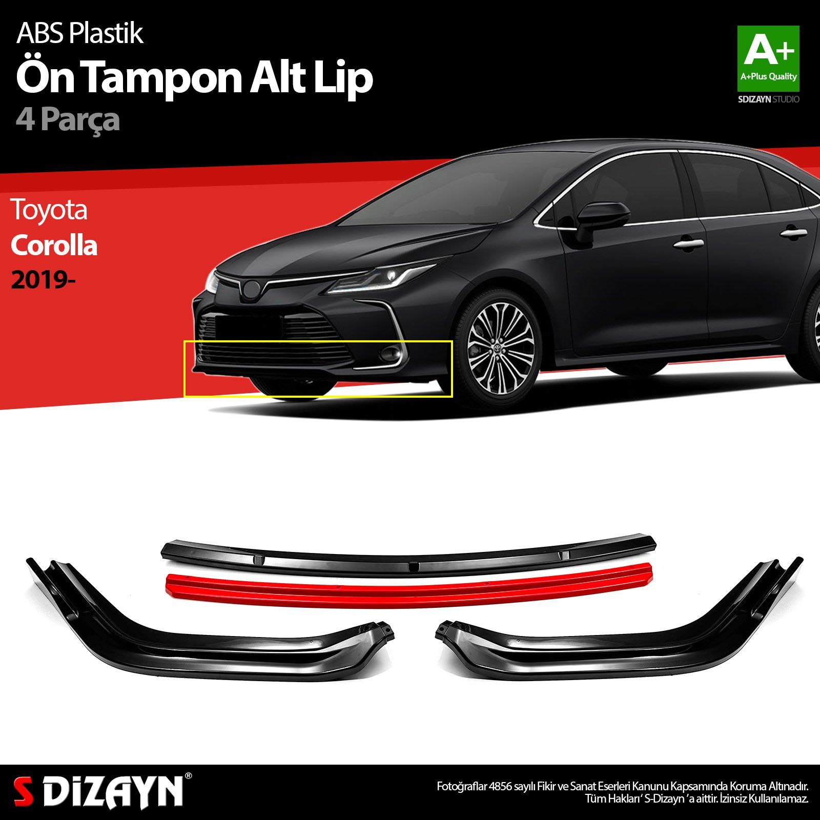 Toyota Corolla Uyumlu ABS Plastik Ön Tampon Alt Lip Kırmızı Ekli 4 Parça. 2019 Üzeri A+Kalite Parça