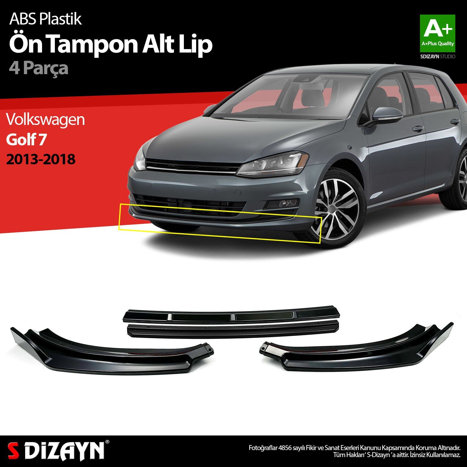 Volkswagen Golf Uyumlu 7 ABS Plastik Ön Tampon Alt Lip Siyah Ekli 4 Parça. 2013-2018 A+Kalite Parça