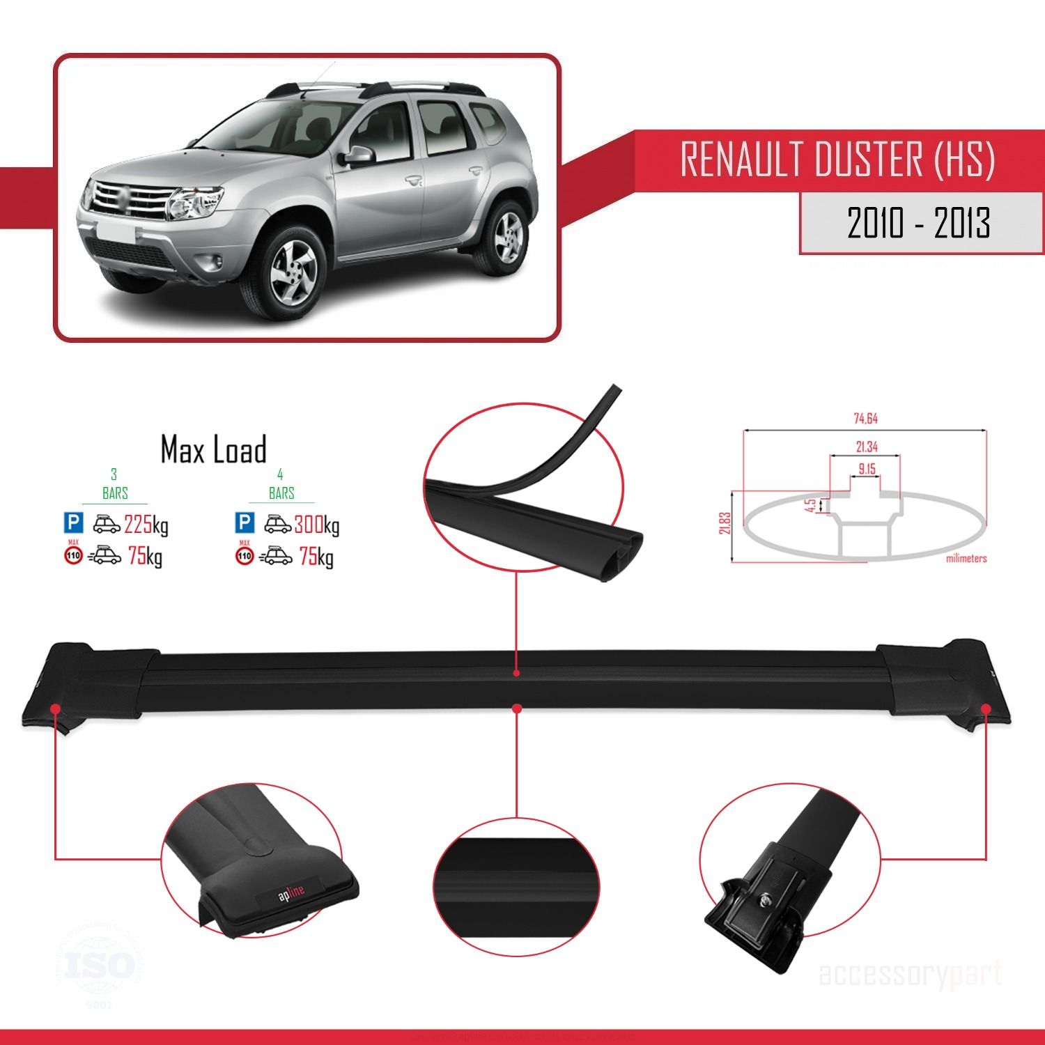 Renault Duster (HS) 2010-2013 Arası ile Uyumlu FLY Model Ara Atkı Tavan Barı SİYAH 3 ADET BAR