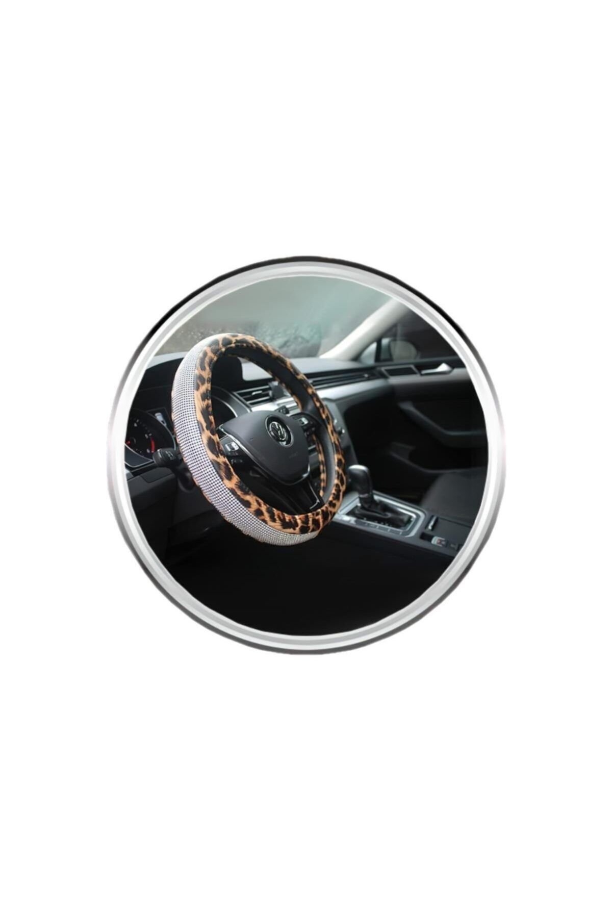 Oto Direksiyon Kılıfı Geçmeli Pırlanta Kaplamalı Leopar Desenli
