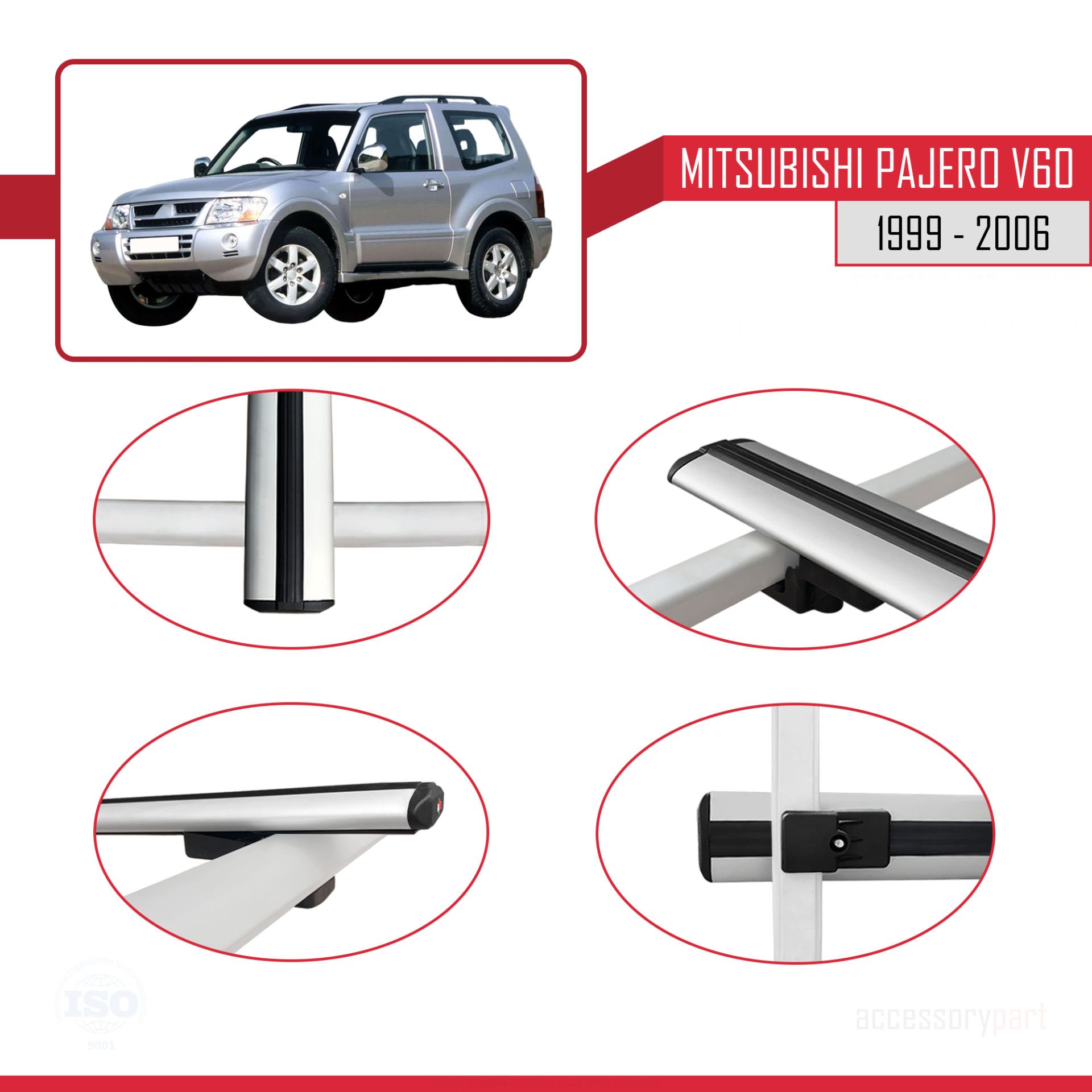 Mitsubishi Pajero (V60) 3 Kapı 1999-2006 Arası ile uyumlu Basic Model Ara Atkı Tavan Barı GRİ 3 ADET