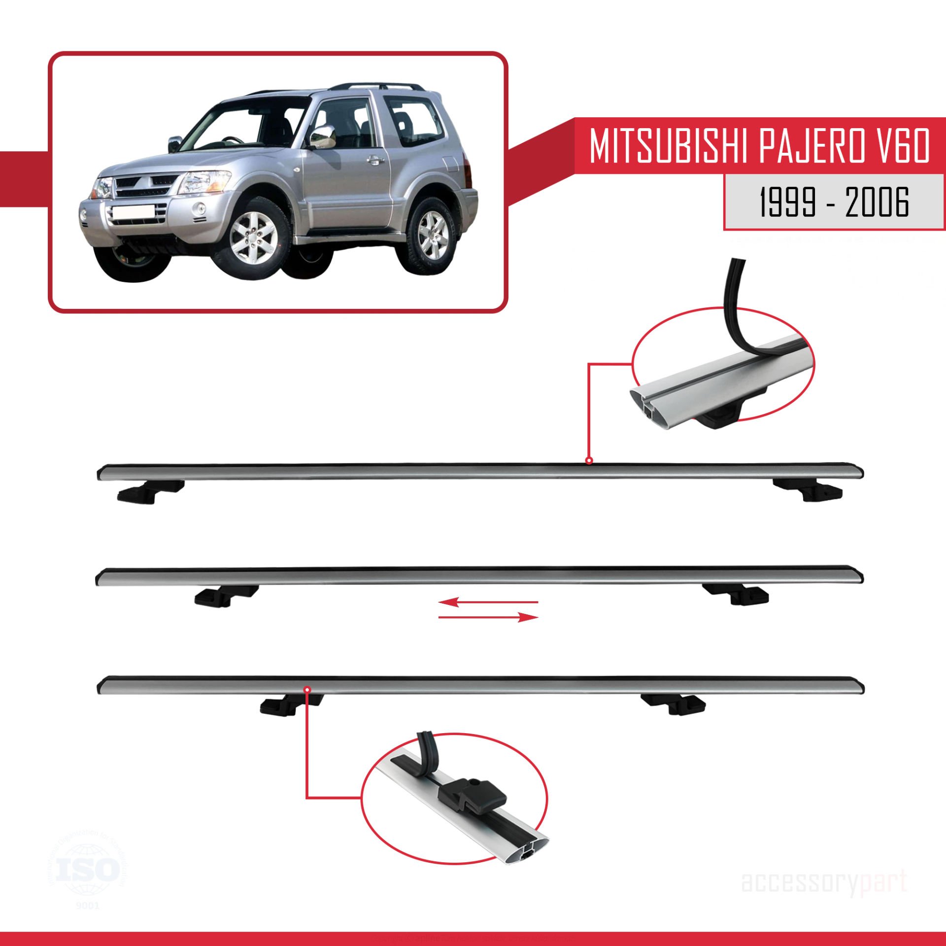 Mitsubishi Pajero (V60) 3 Kapı 1999-2006 Arası ile uyumlu Basic Model Ara Atkı Tavan Barı GRİ 3 ADET