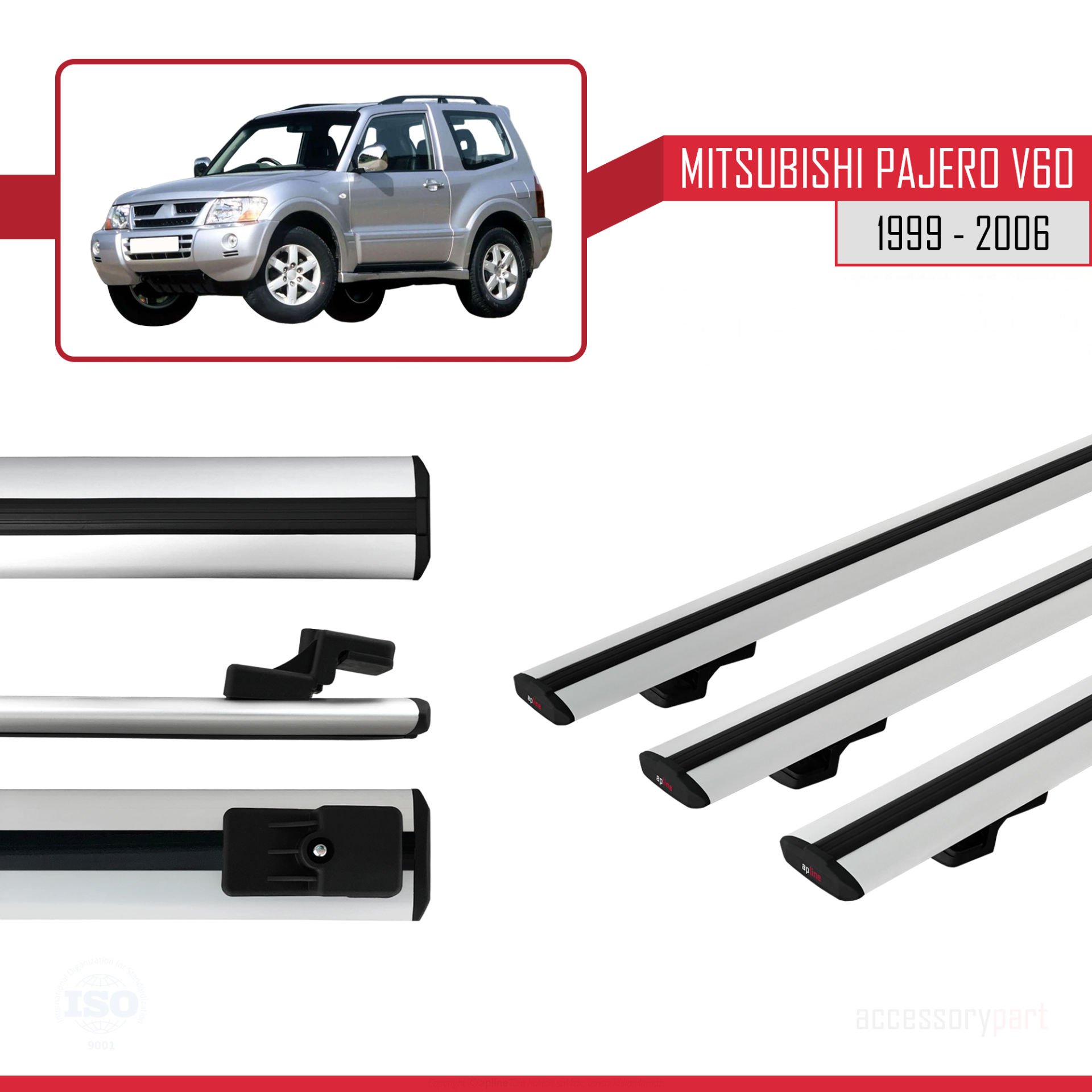 Mitsubishi Pajero (V60) 3 Kapı 1999-2006 Arası ile uyumlu Basic Model Ara Atkı Tavan Barı GRİ 3 ADET