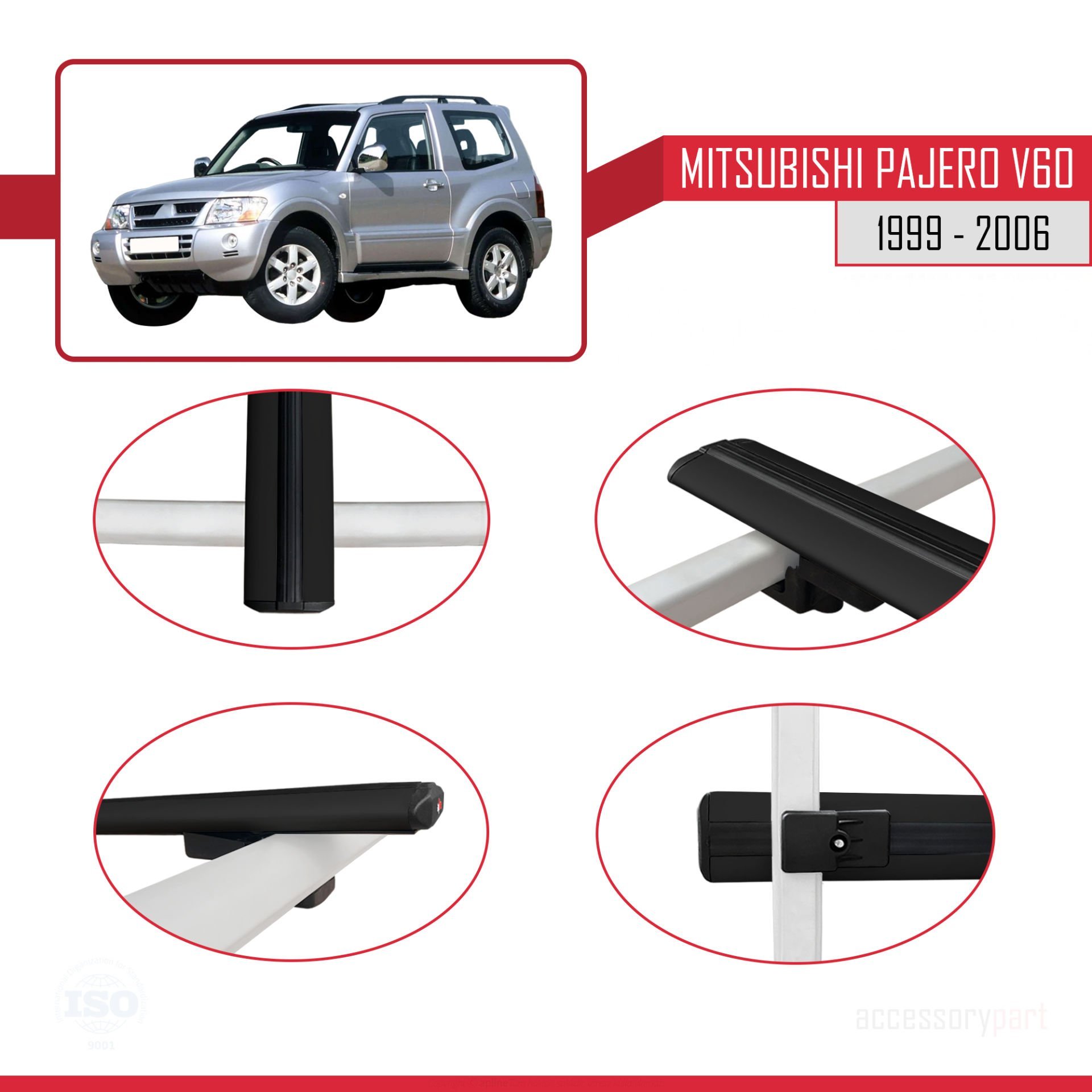 Mitsubishi Pajero (V60) 3 Kapı 1999-2006 Arası ile uyumlu Basic Model Ara Atkı Tavan Barı SİYAH 3 ADET