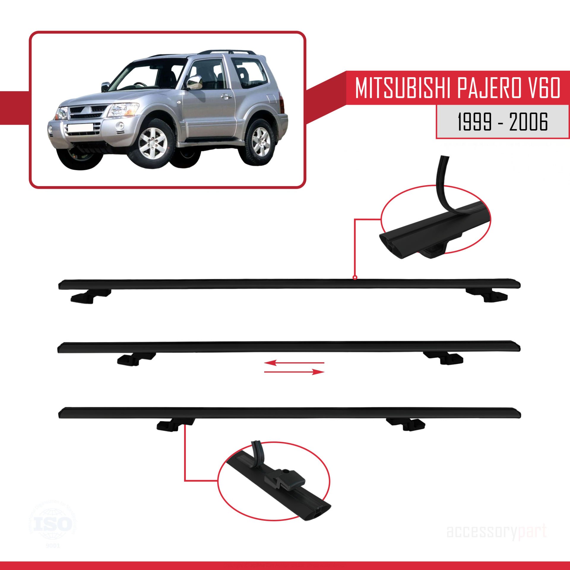 Mitsubishi Pajero (V60) 3 Kapı 1999-2006 Arası ile uyumlu Basic Model Ara Atkı Tavan Barı SİYAH 3 ADET