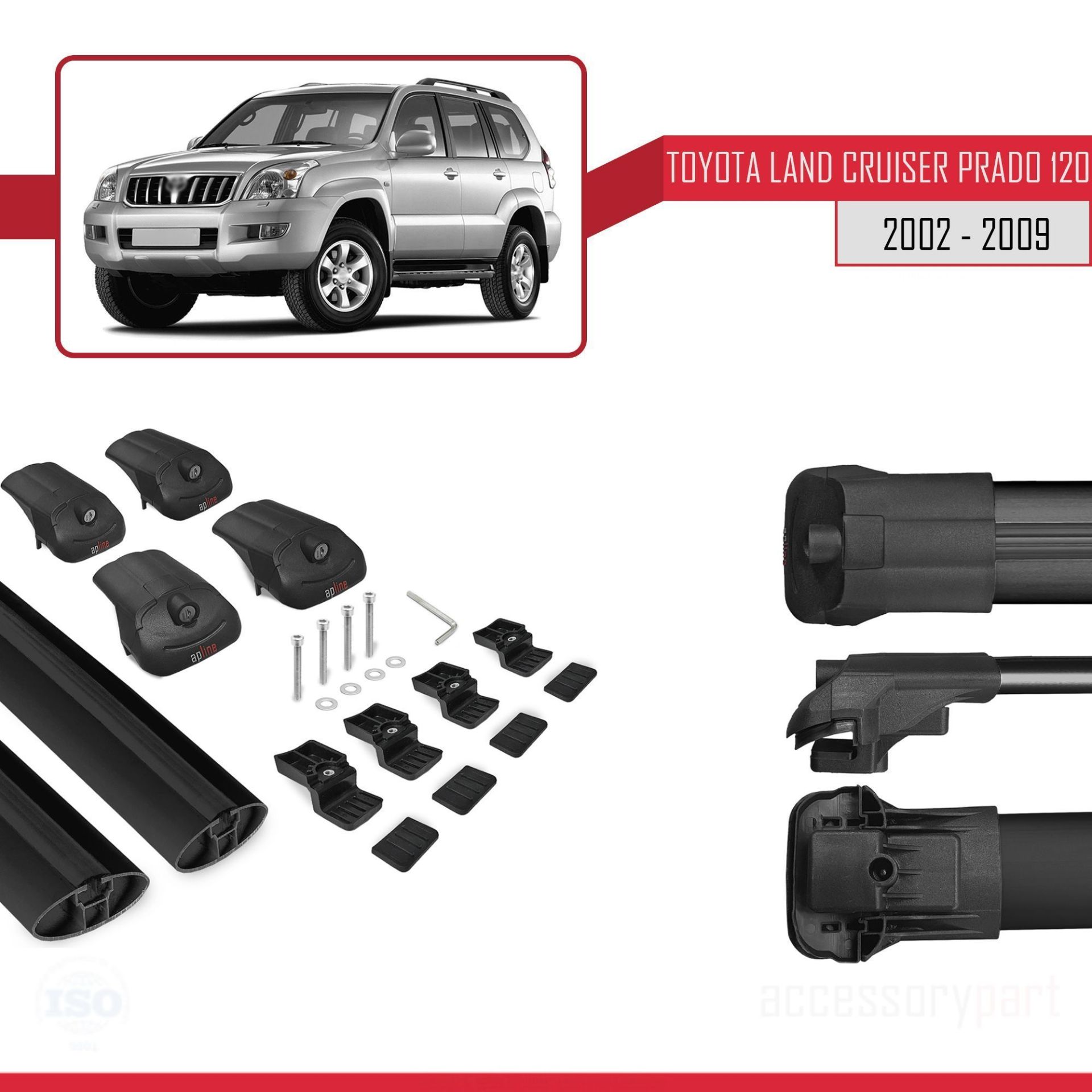 Toyota Land Cruiser Prado (J120) 2002-2006 Arası ile uyumlu ACE-1 Ara Atkı Tavan Barı SİYAH