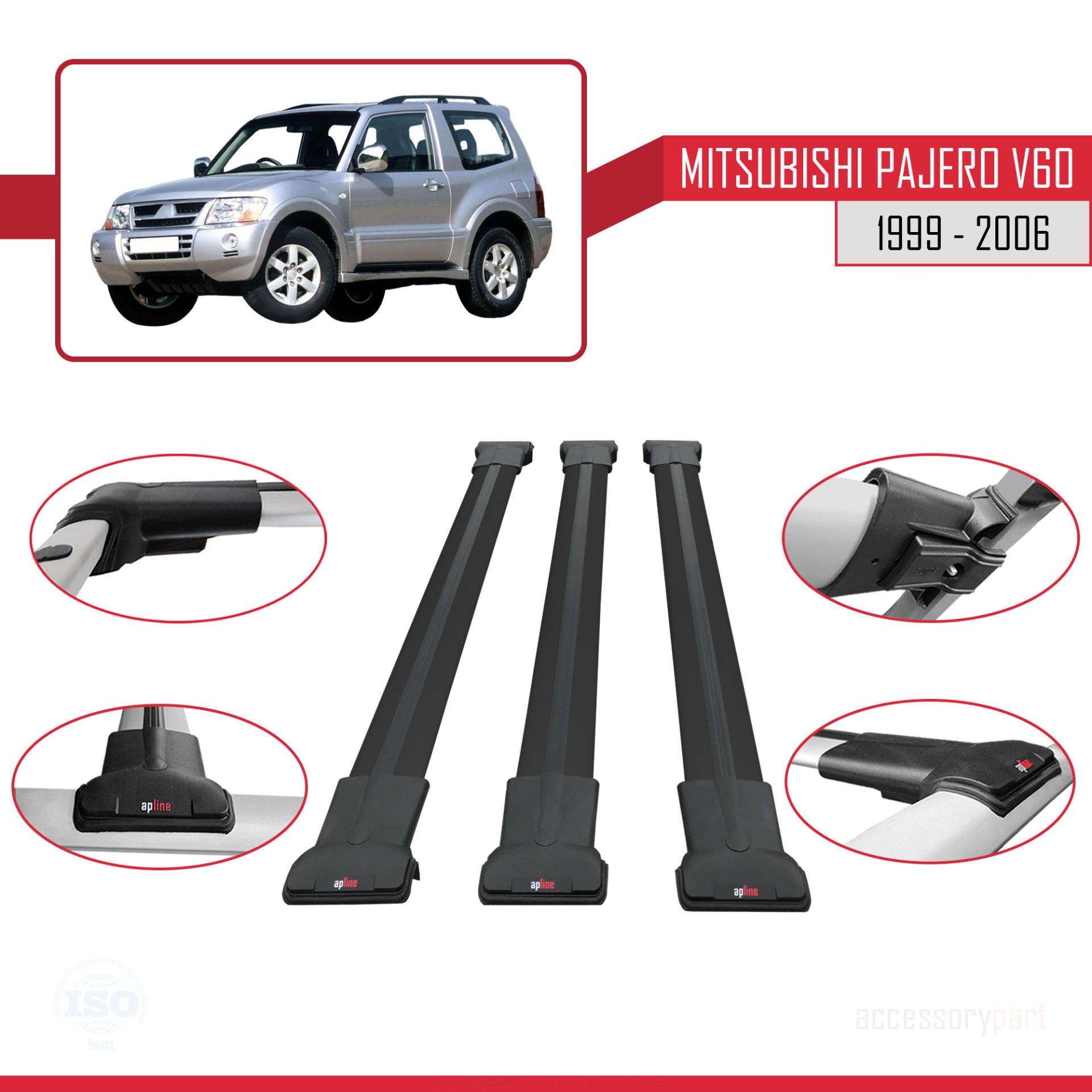 Mitsubishi Pajero (V60) 3 Kapı 1999-2006 Arası ile uyumlu FLY Model Ara Atkı Tavan Barı SİYAH 3 ADET