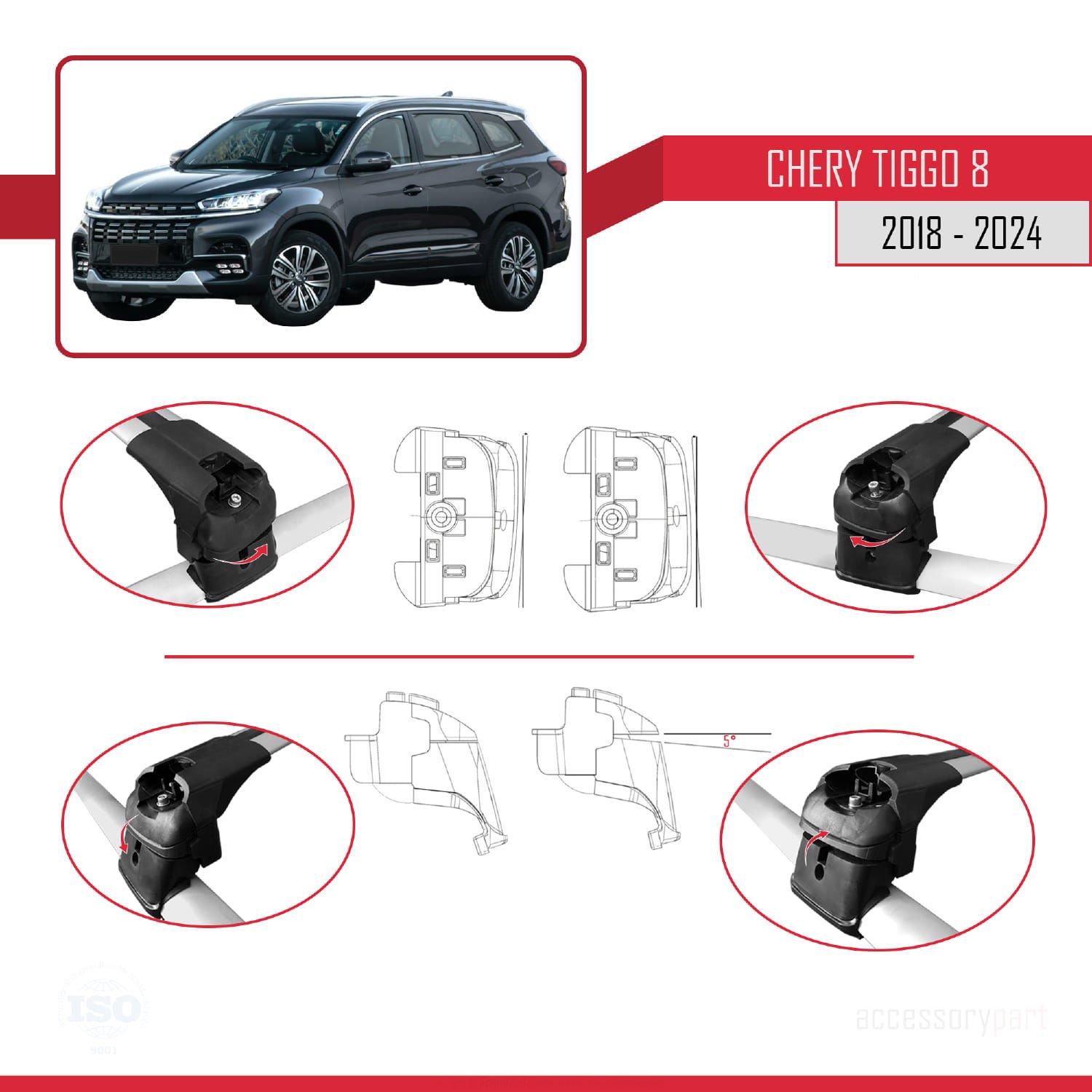 Chery Tiggo 8 2018 ve Sonrası ile uyumlu ACE-2 Ara Atkı Tavan Barı GRİ