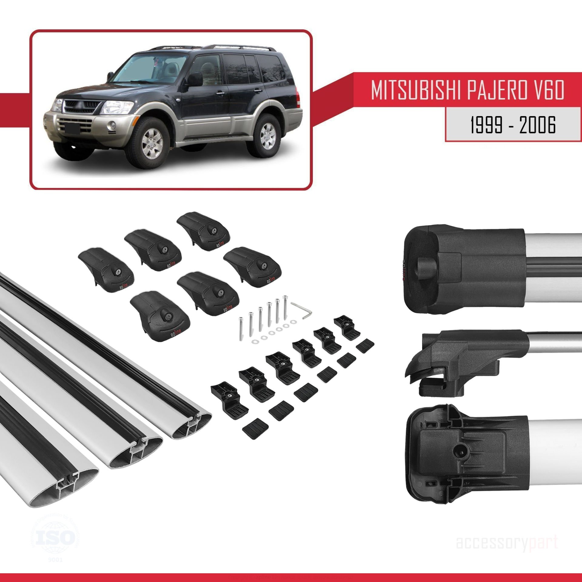 Mitsubishi Pajero (V60) 5 Kapı 1999-2006 Arası ile uyumlu ACE-1 Ara Atkı Tavan Barı GRİ 3 ADET BAR