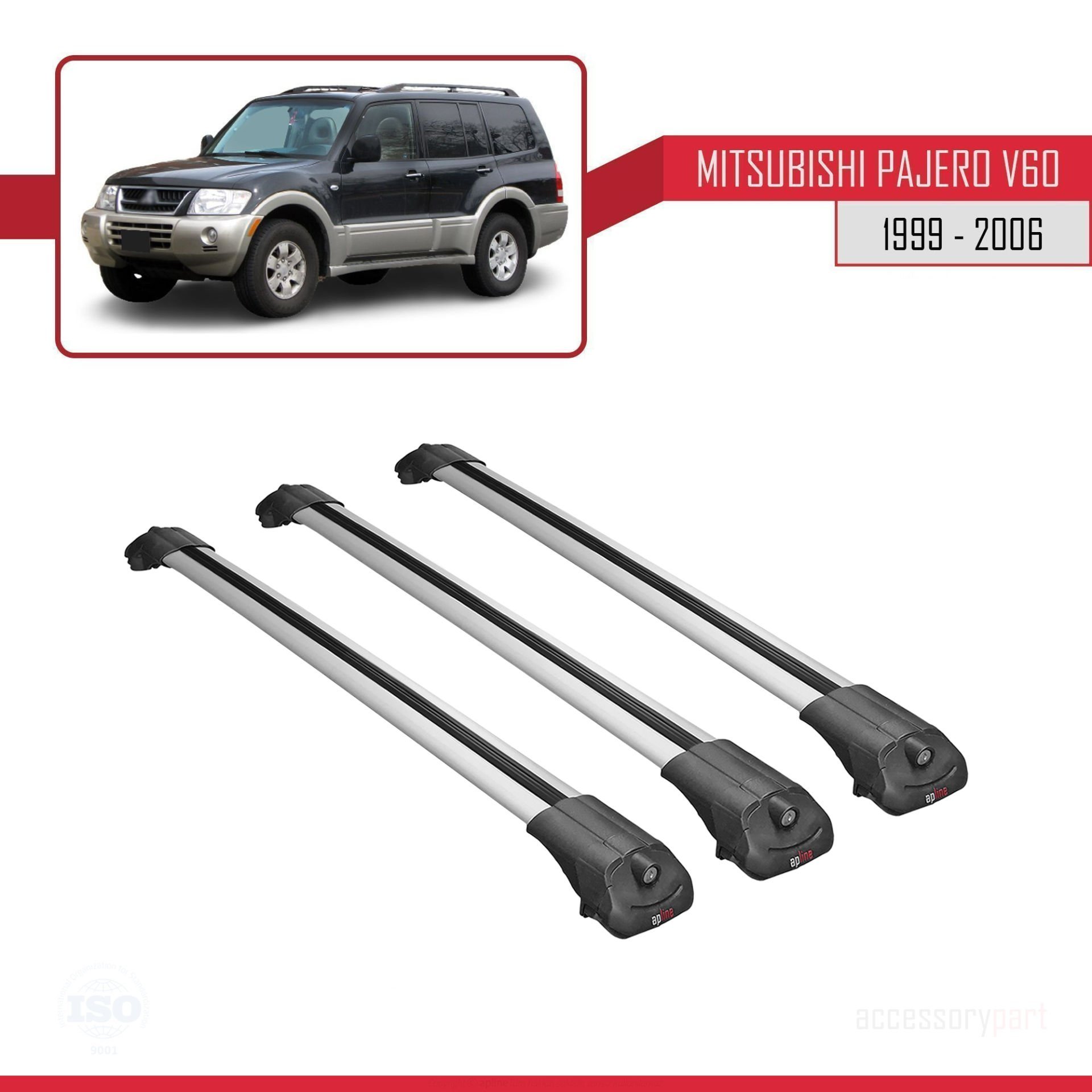 Mitsubishi Pajero (V60) 5 Kapı 1999-2006 Arası ile uyumlu ACE-1 Ara Atkı Tavan Barı GRİ 3 ADET BAR