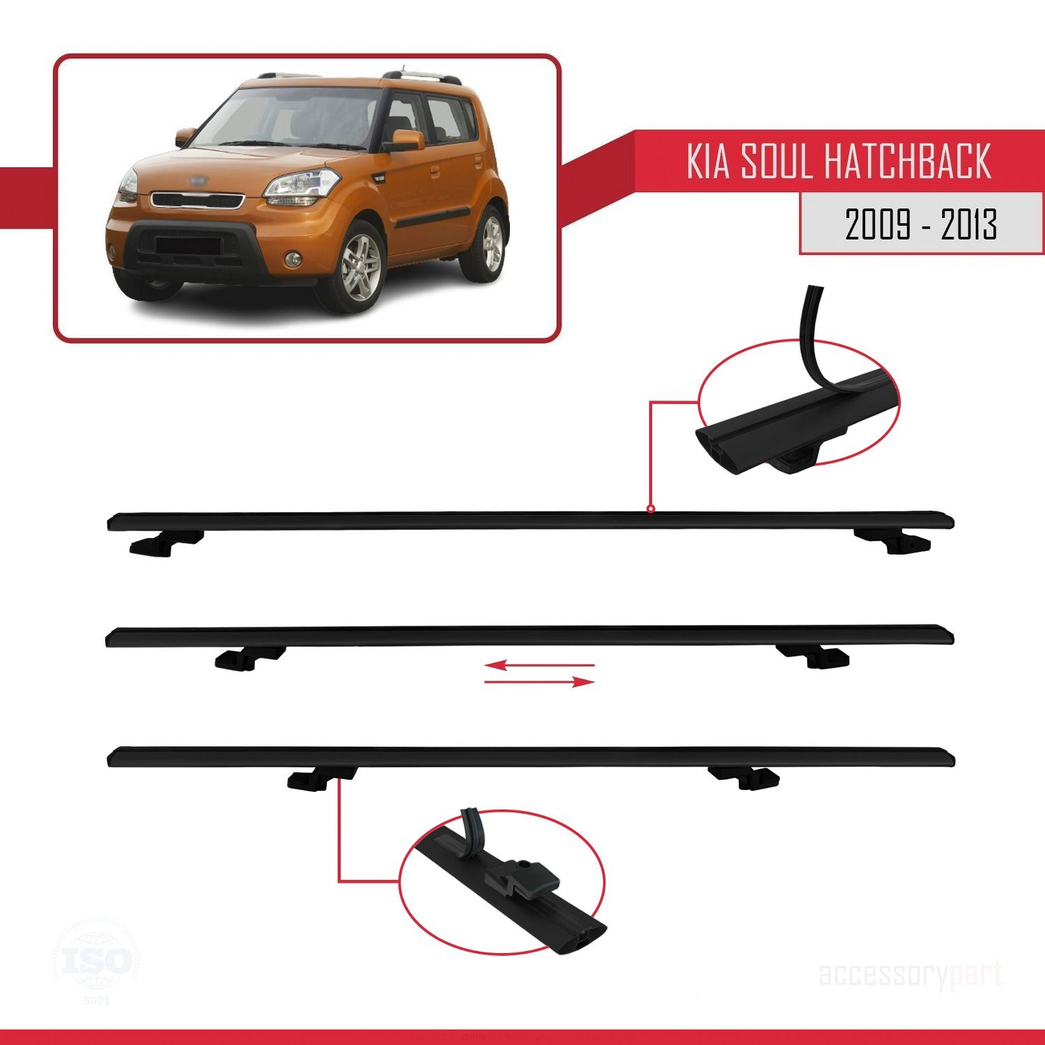 Kia Soul Hatchback 2009-2013 Arası ile uyumlu Basic Model Ara Atkı Tavan Barı SİYAH 3 ADET