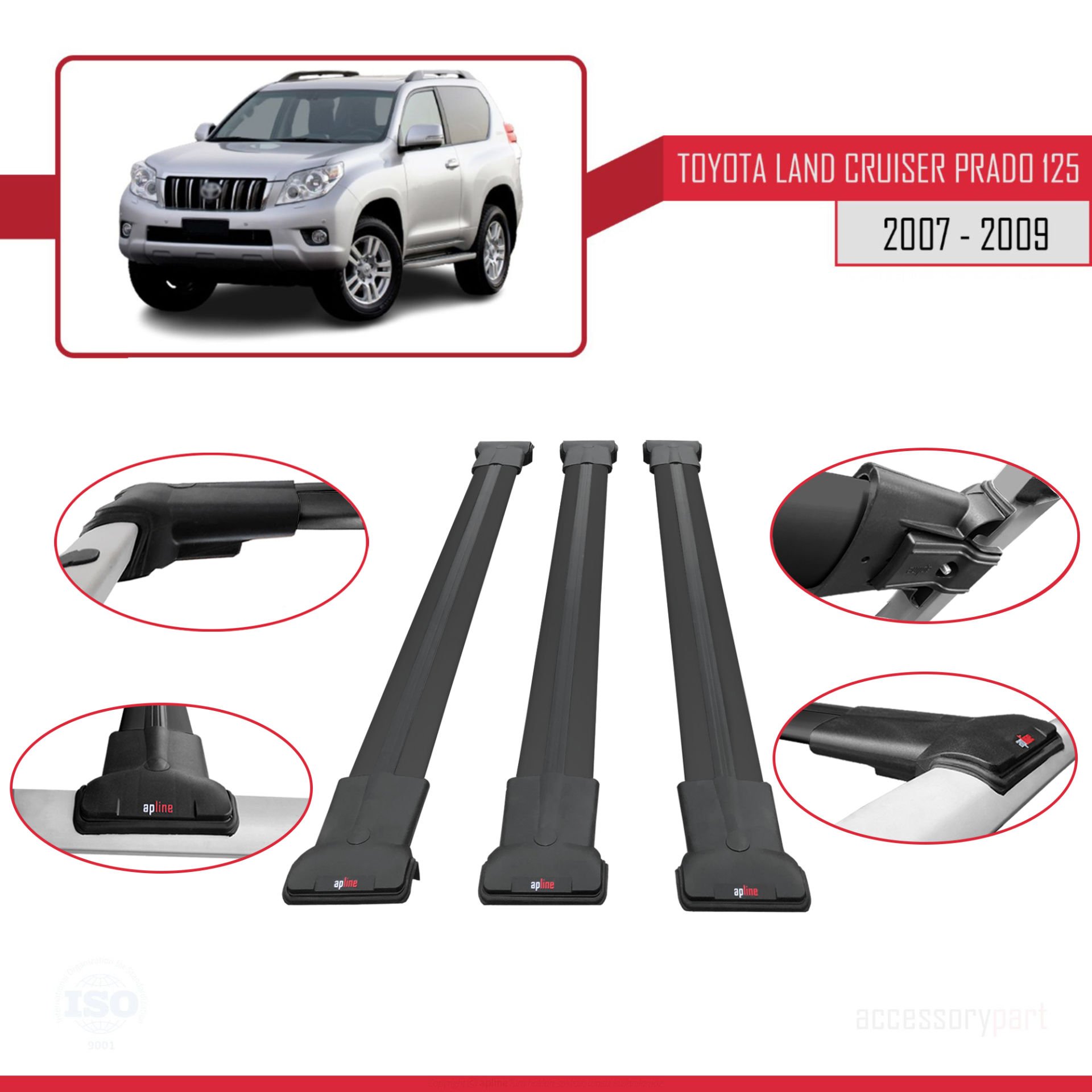 Toyota Land Cruiser Prado (J125) 2007-2009 Arası ile Uyumlu FLY Model Ara Atkı Tavan Barı SİYAH 3 ADET BAR