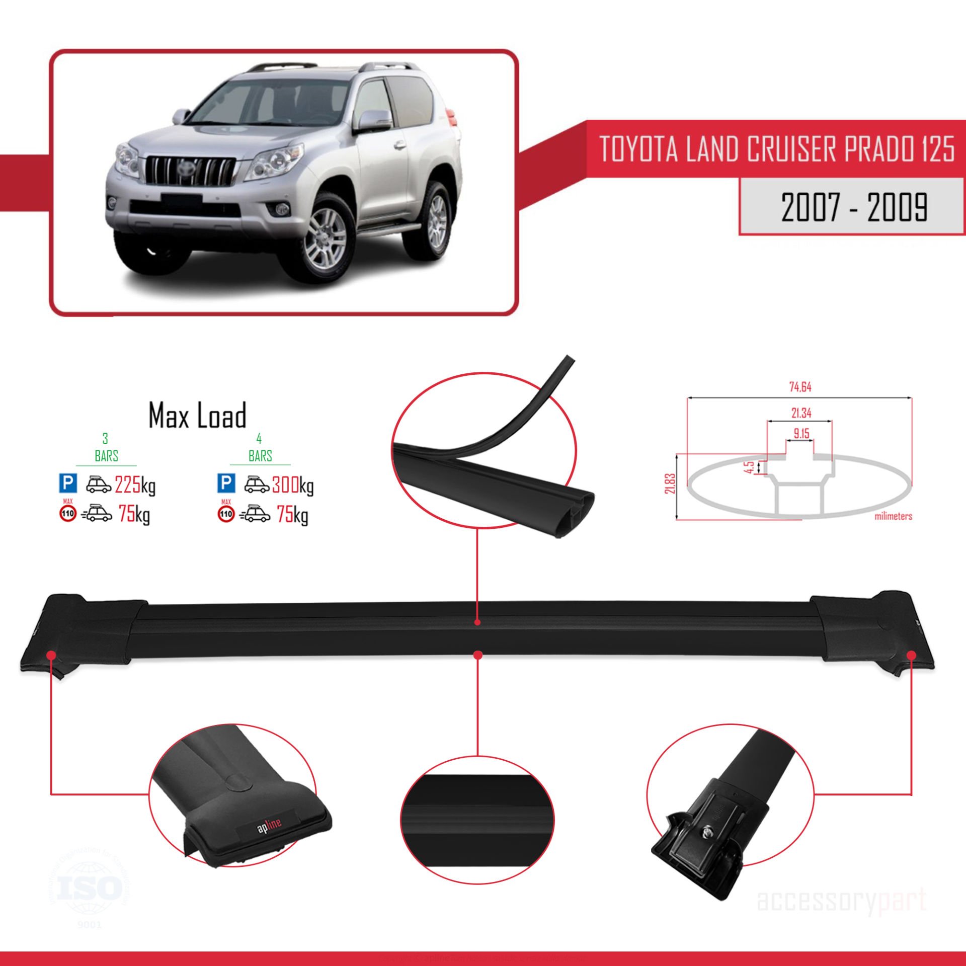 Toyota Land Cruiser Prado (J125) 2007-2009 Arası ile Uyumlu FLY Model Ara Atkı Tavan Barı SİYAH 3 ADET BAR