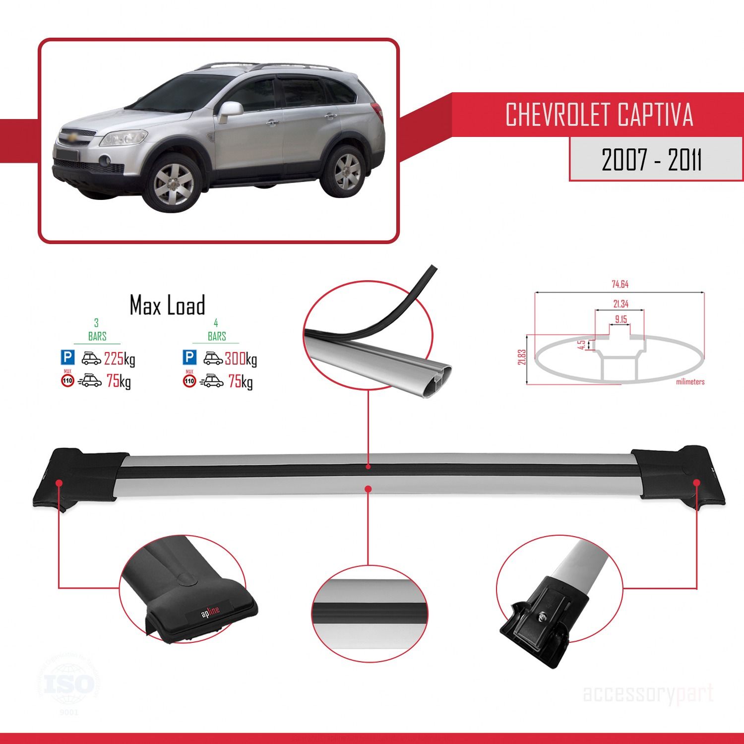 Chevrolet Captiva 2007-2011 Arası ile Uyumlu FLY Model Ara Atkı Tavan Barı GRİ 3 ADET BAR