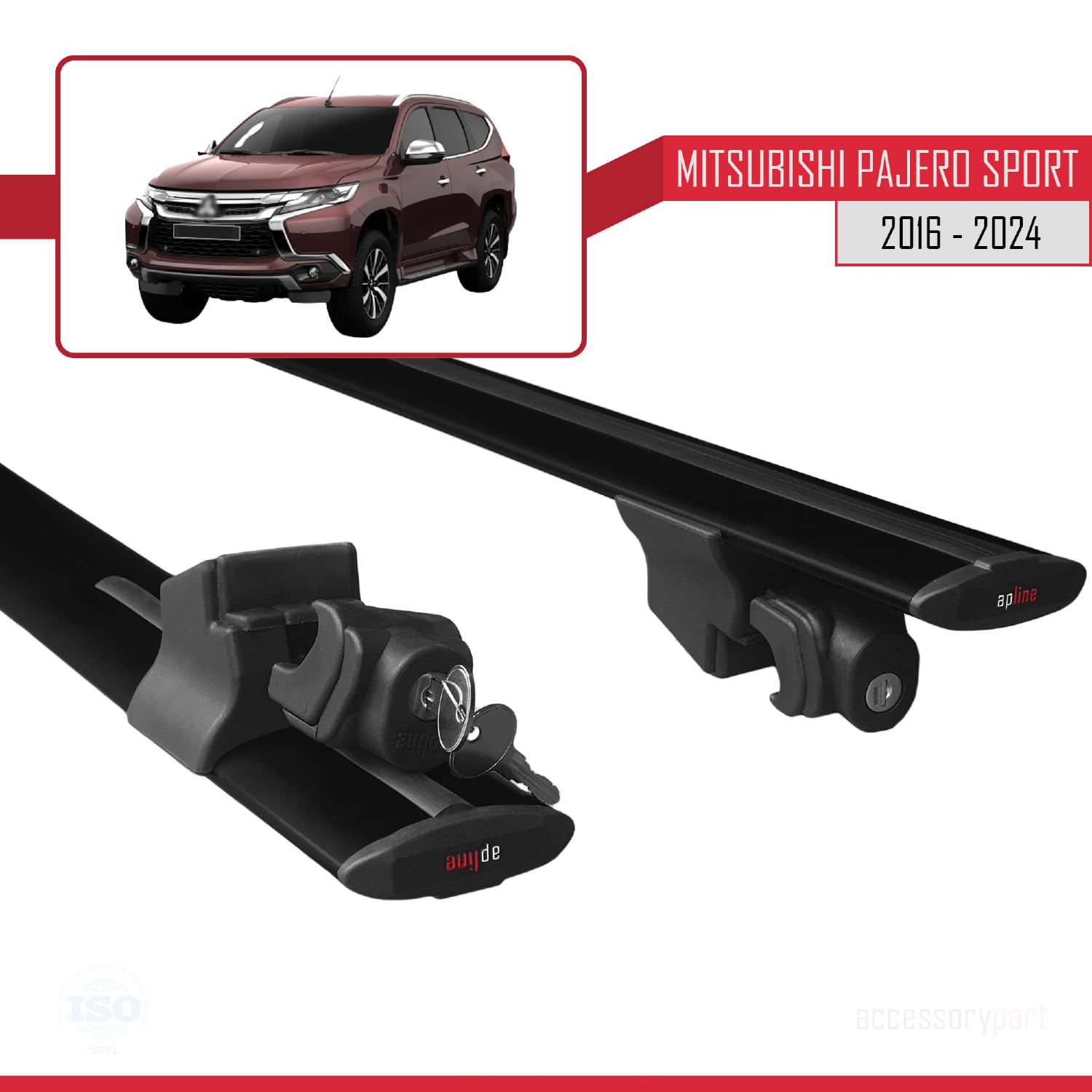 Mitsubishi Pajero Sport (MK3) 2016 ve Sonrası ile uyumlu HOOK Model Anahtar Kilitli Ara Atkı Tavan Barı SİYAH