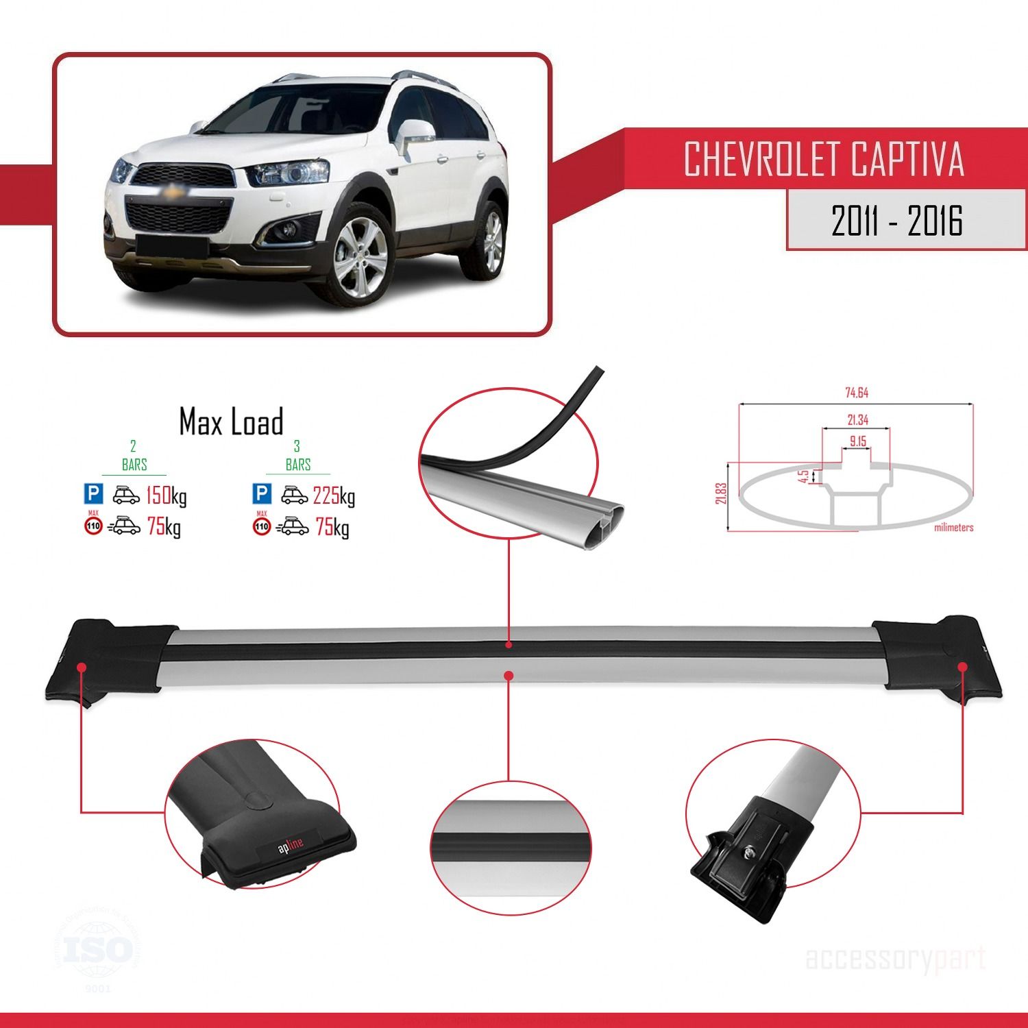 Chevrolet Captiva 2011-2016 Arası ile uyumlu FLY Model Ara Atkı Tavan Barı GRİ