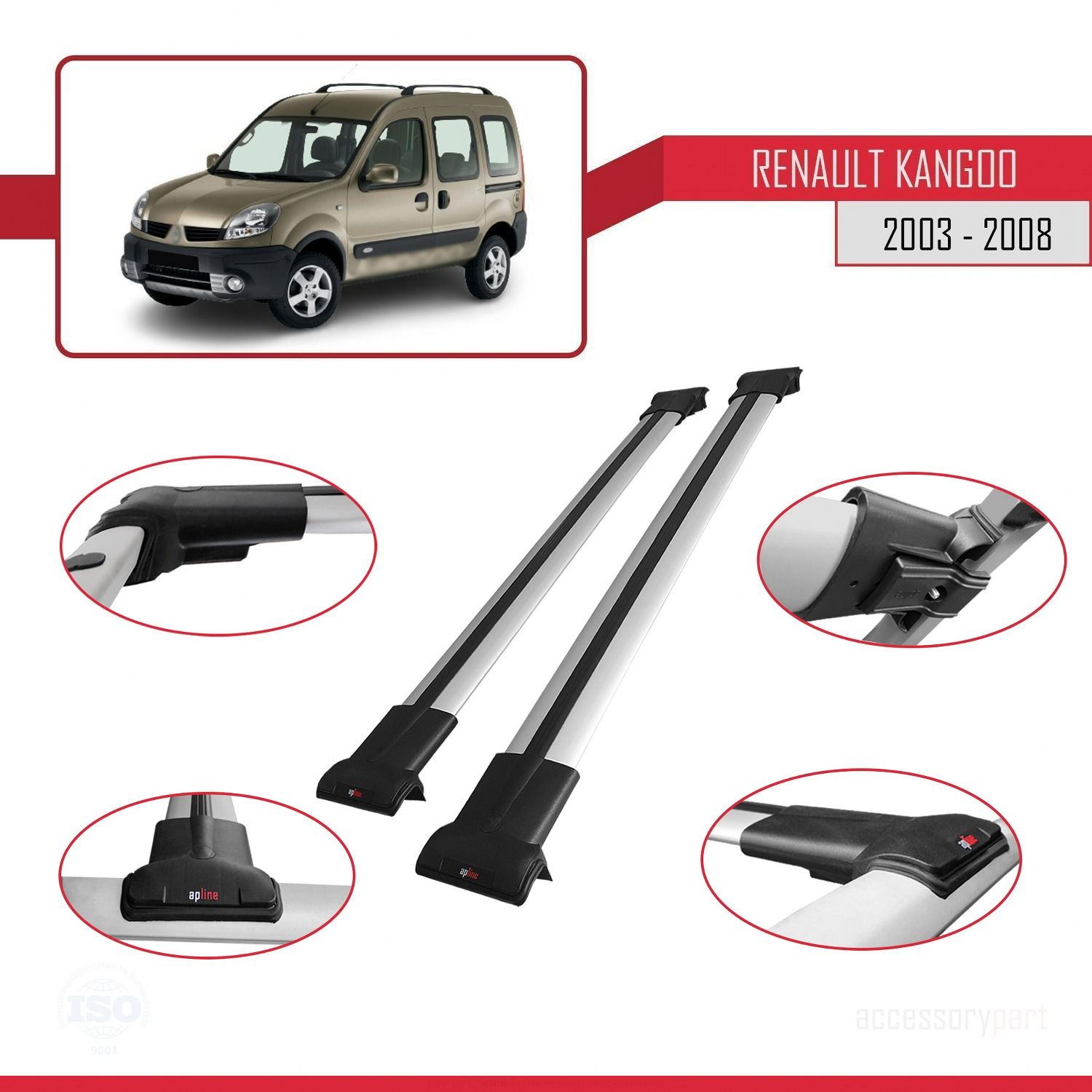 Renault Kangoo 2003-2008 Arası ile uyumlu FLY Model Ara Atkı Tavan Barı GRİ
