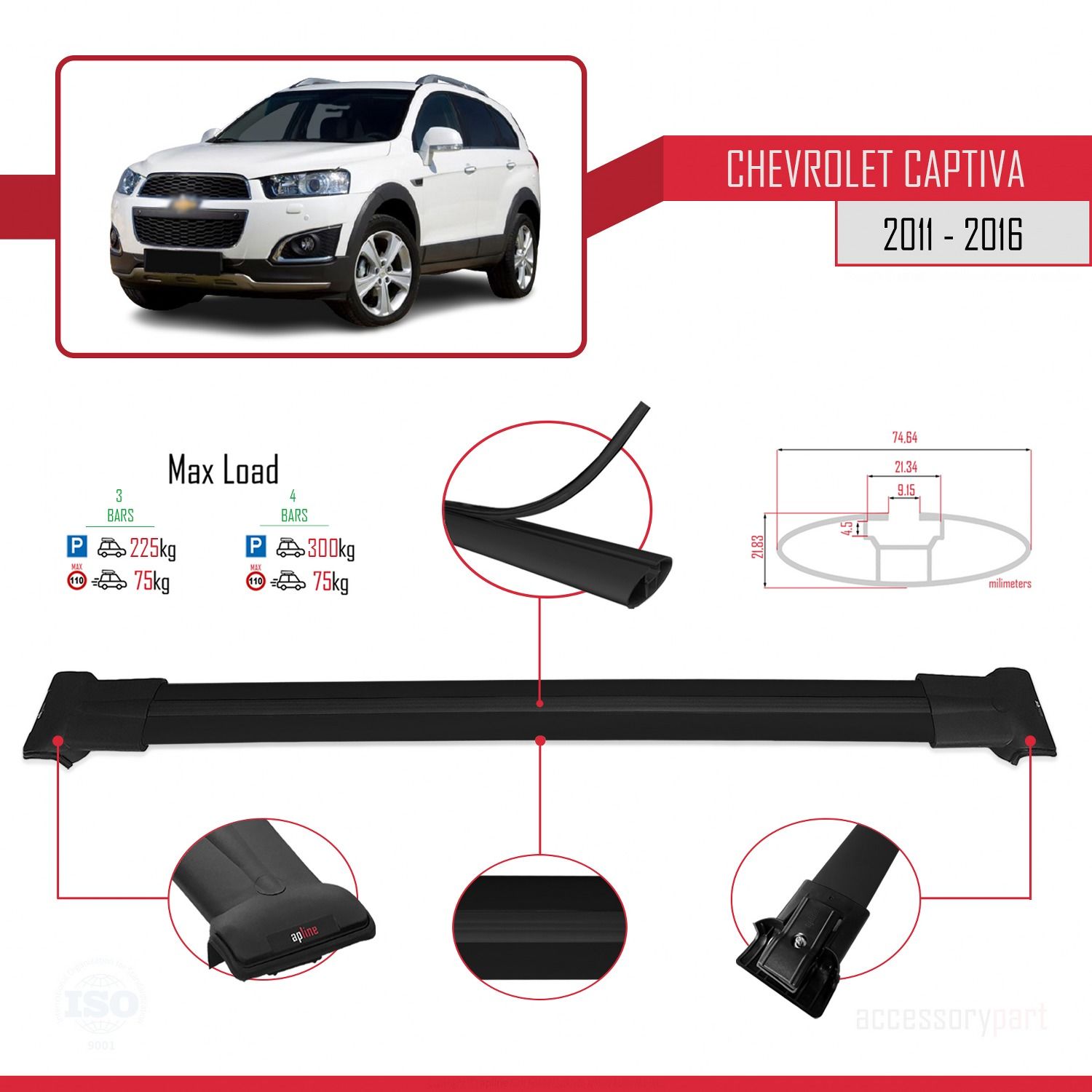 Chevrolet Captiva 2011-2016 Arası ile Uyumlu FLY Model Ara Atkı Tavan Barı SİYAH 3 ADET BAR