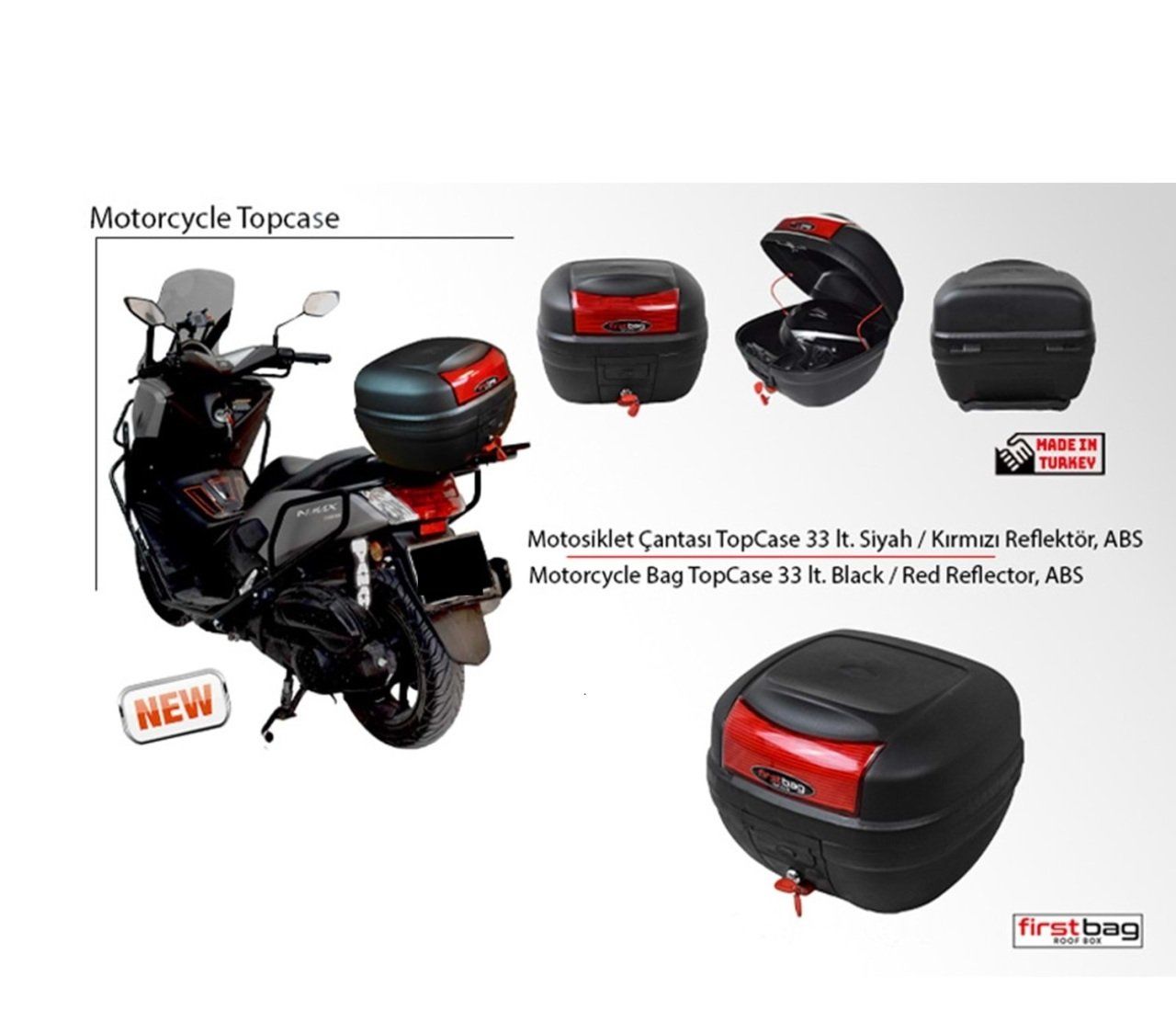 Motosiklet Çantası Uyumlu Bagajlı Firstbag 33 Litre, Siyah Kırmızı Reflektör, Pp