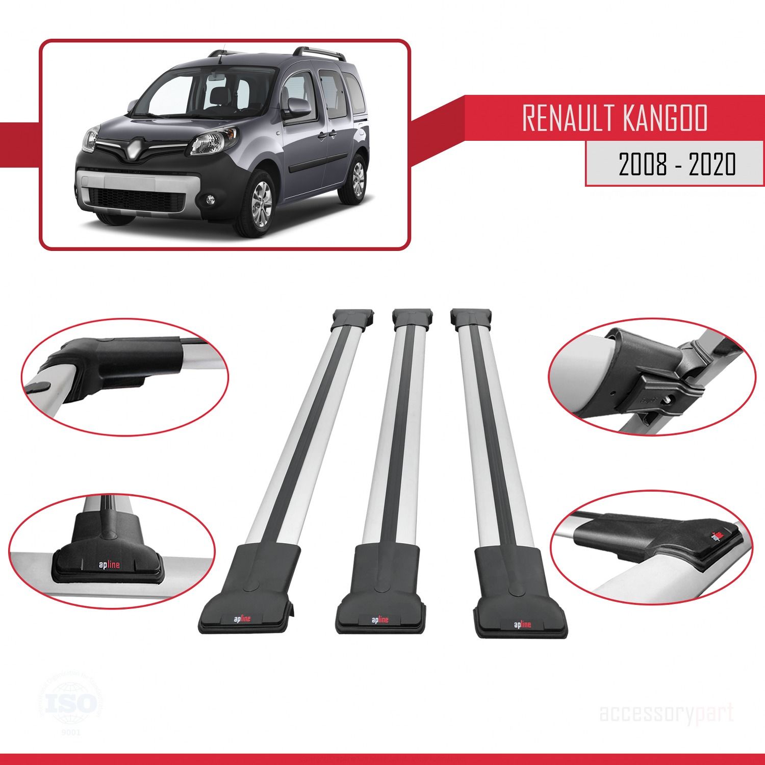 Renault Kangoo 2008-2020 Arası ile uyumlu FLY Model Ara Atkı Tavan Barı GRİ 3 ADET BAR