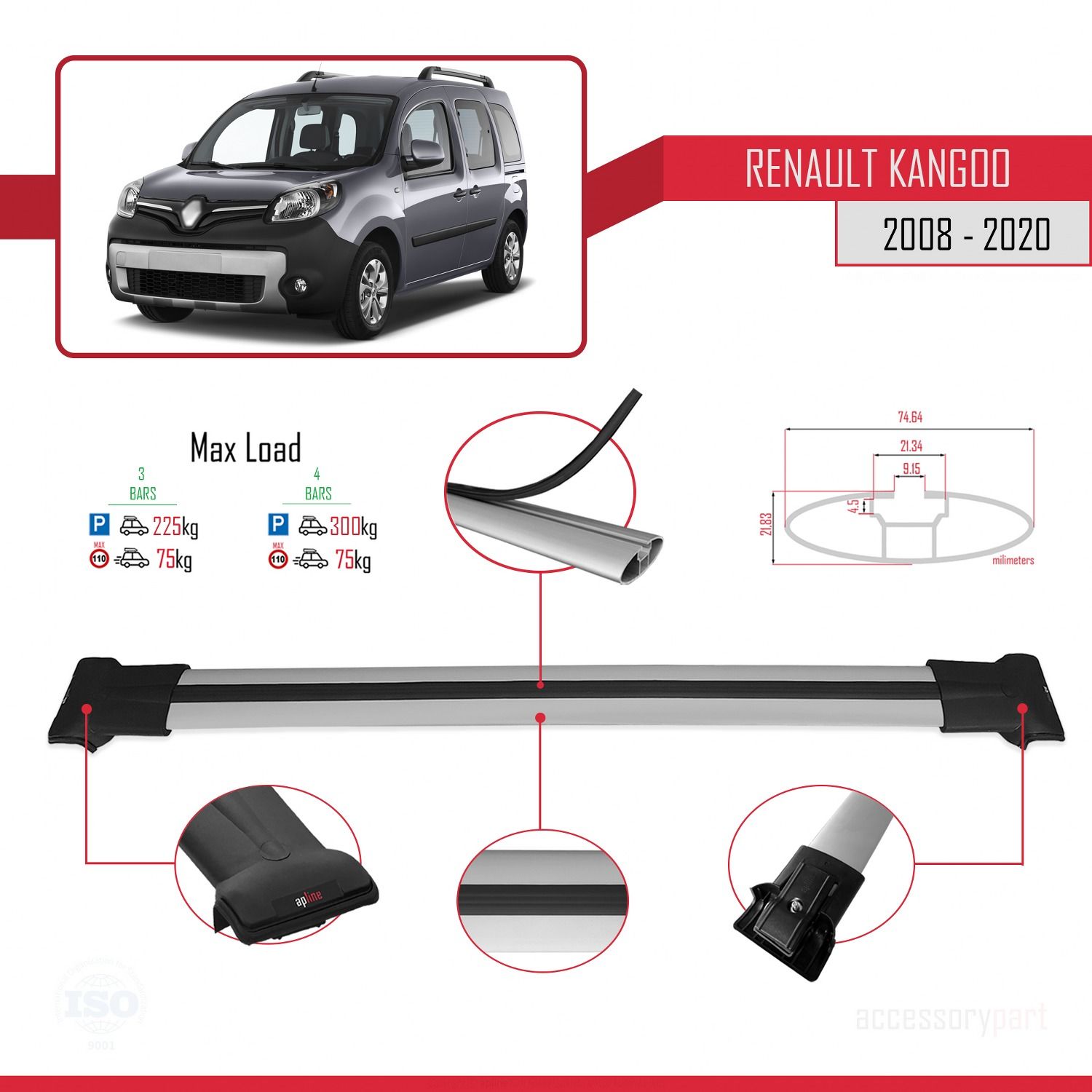 Renault Kangoo 2008-2020 Arası ile uyumlu FLY Model Ara Atkı Tavan Barı GRİ 3 ADET BAR