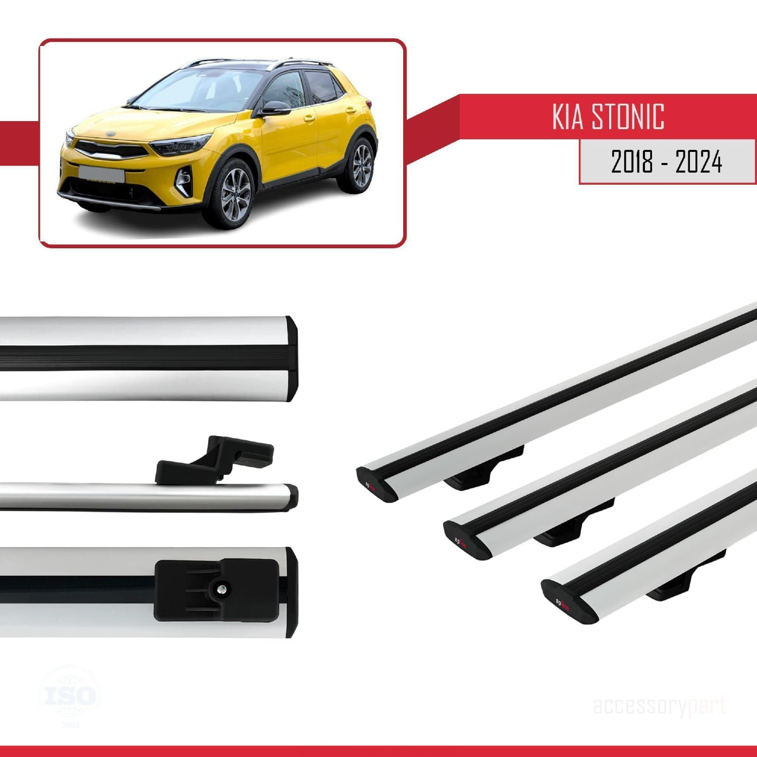 Kia Stonic 2018 ve Sonrası ile uyumlu Basic Model Ara Atkı Tavan Barı GRİ 3 ADET