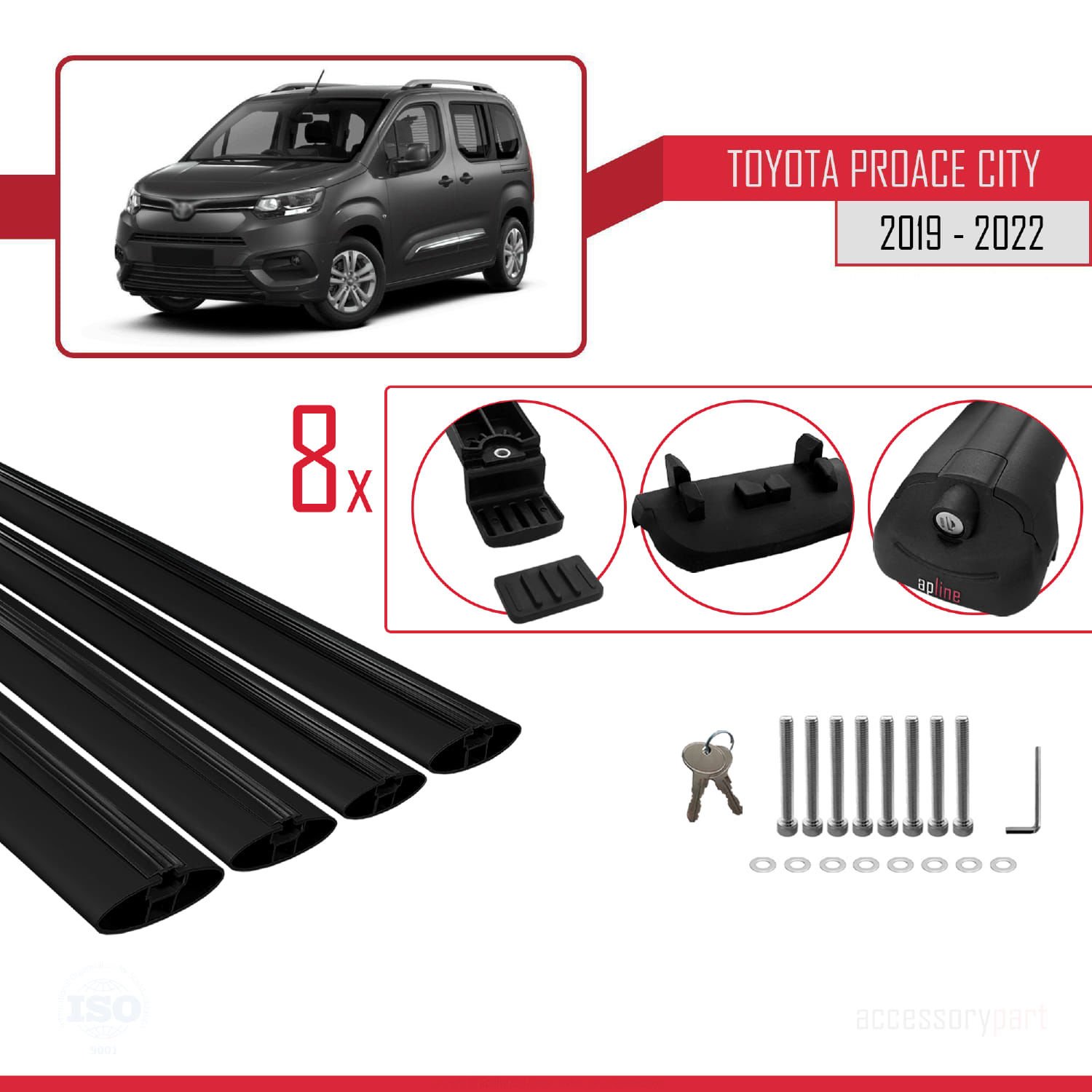 Toyota Proace City 2019-2022 Arası ile uyumlu ACE-1 Ara Atkı Tavan Barı SİYAH 4 ADET BAR