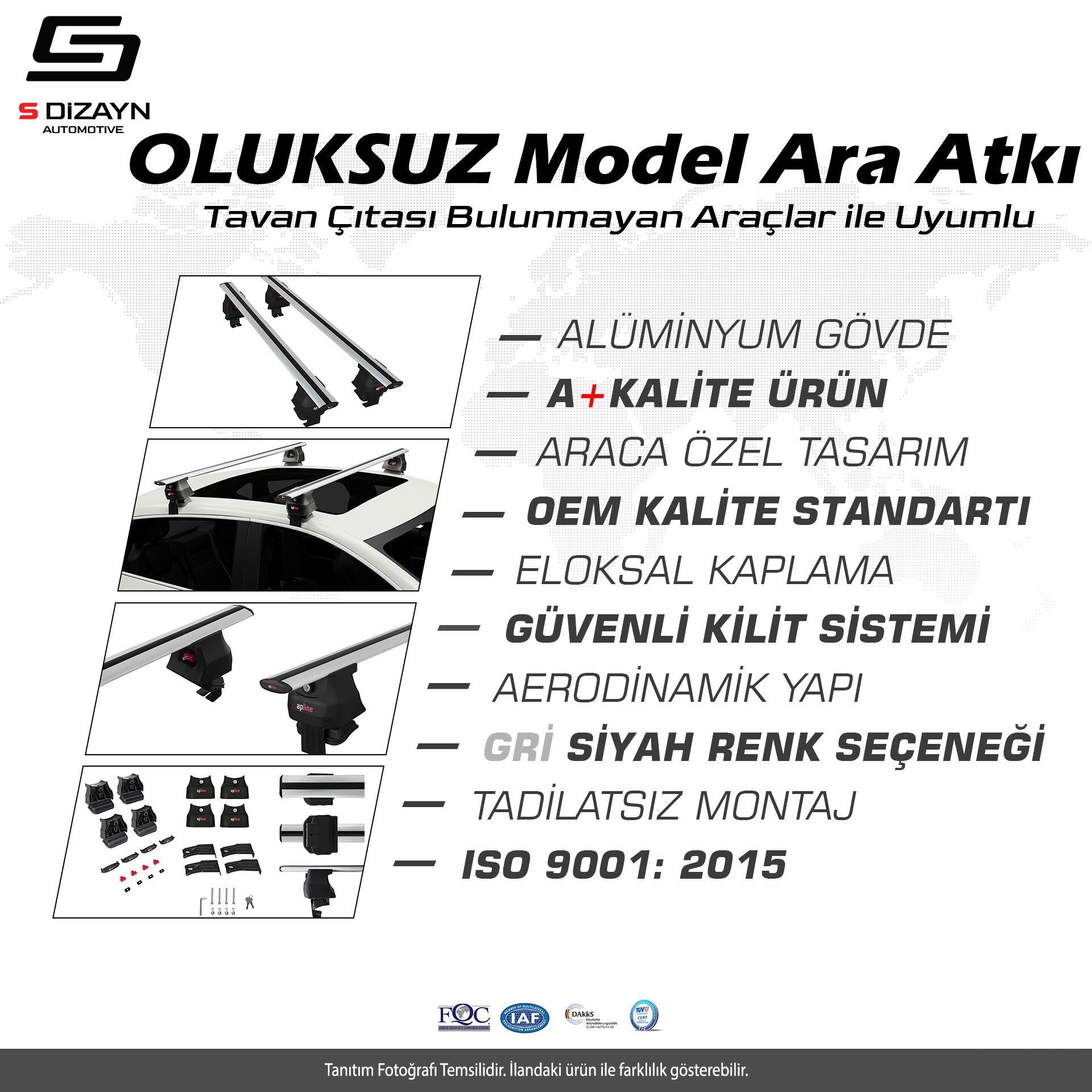 S-Dizayn Universal Oluksuz Model Siyah Ara Atkı 125 Cm A+ Kalite
