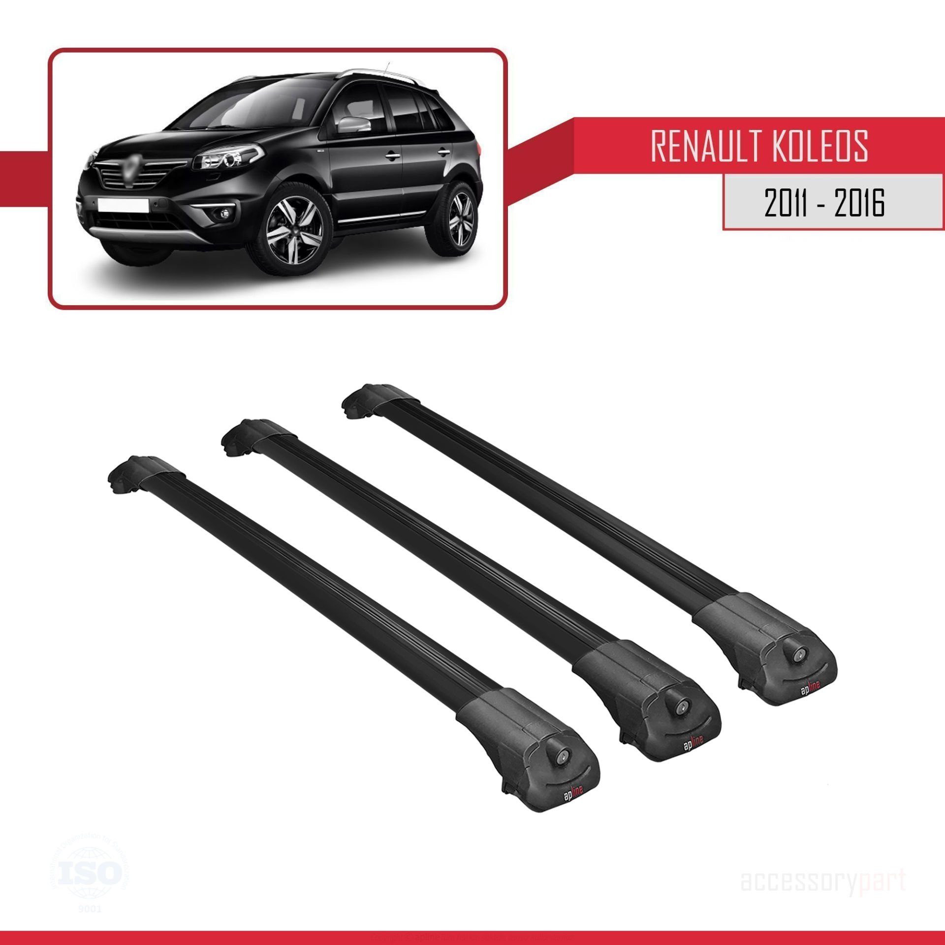 Renault Koleos 2011-2016 Arası ile uyumlu ACE-1 Ara Atkı Tavan Barı SİYAH 3 ADET BAR