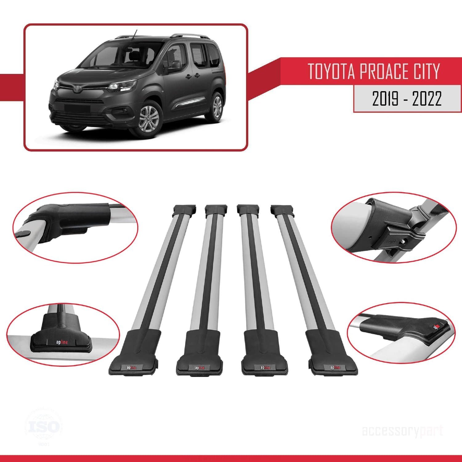 Toyota Proace City 2019-2022 Arası ile uyumlu FLY Model Ara Atkı Tavan Barı GRİ 4 ADET BAR