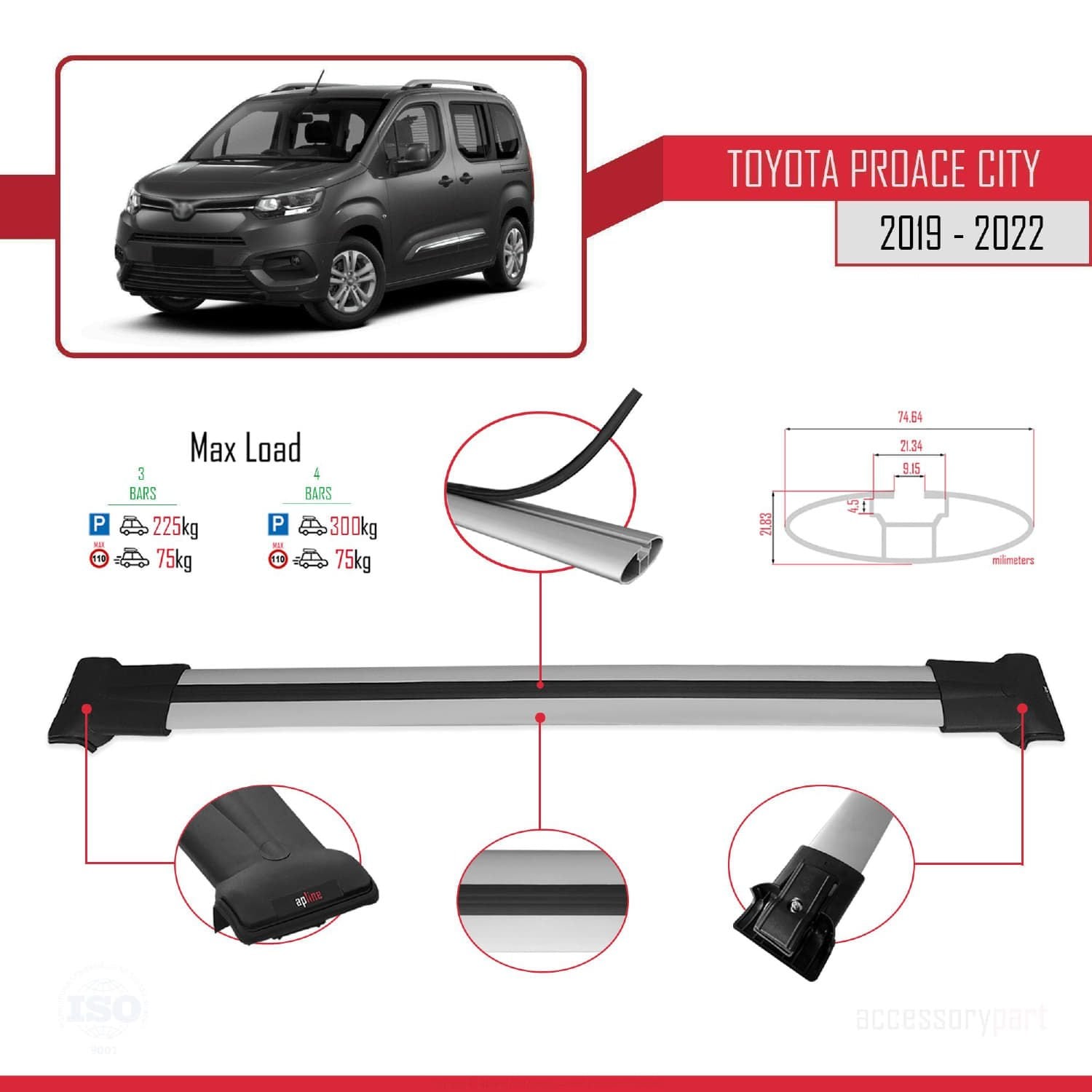 Toyota Proace City 2019-2022 Arası ile uyumlu FLY Model Ara Atkı Tavan Barı GRİ 4 ADET BAR