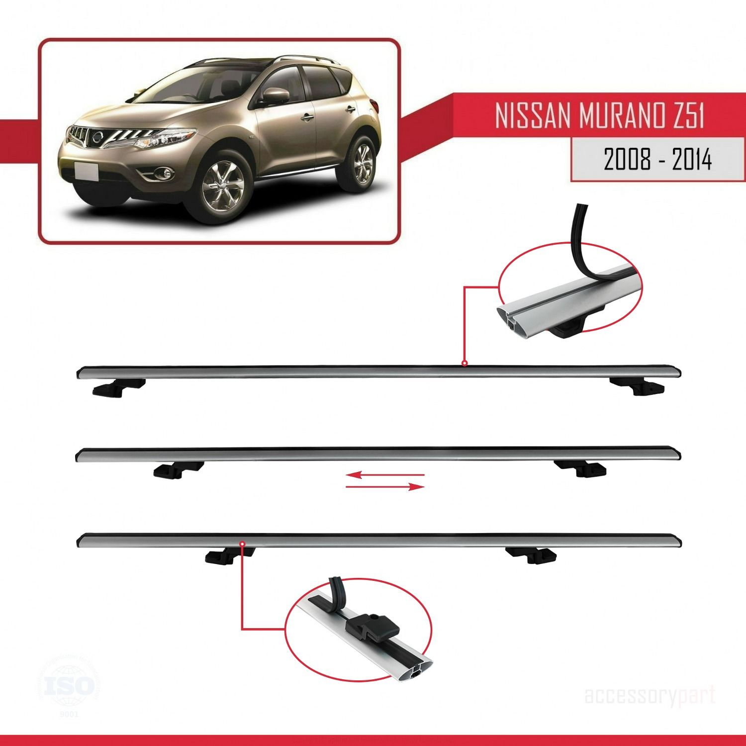 Nissan Murano (Z51) 2008-2014 Arası ile uyumlu Basic Model Ara Atkı Tavan Barı GRİ 3 ADET