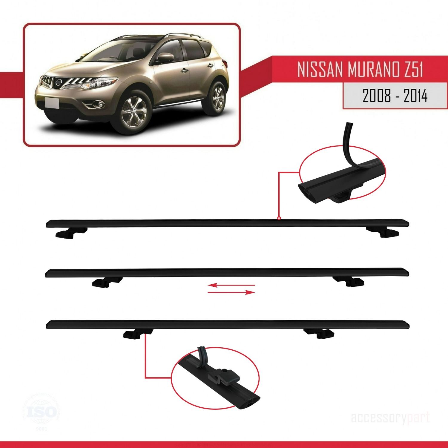 Nissan Murano (Z51) 2008-2014 Arası ile uyumlu Basic Model Ara Atkı Tavan Barı SİYAH 3 ADET