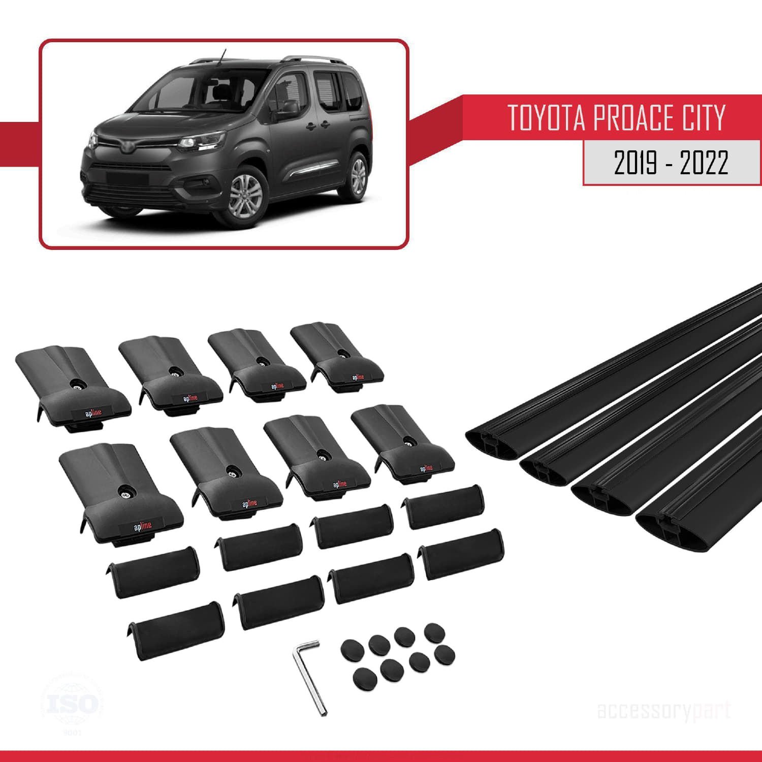 Toyota Proace City 2019-2022 Arası ile uyumlu FLY Model Ara Atkı Tavan Barı SİYAH 4 ADET BAR