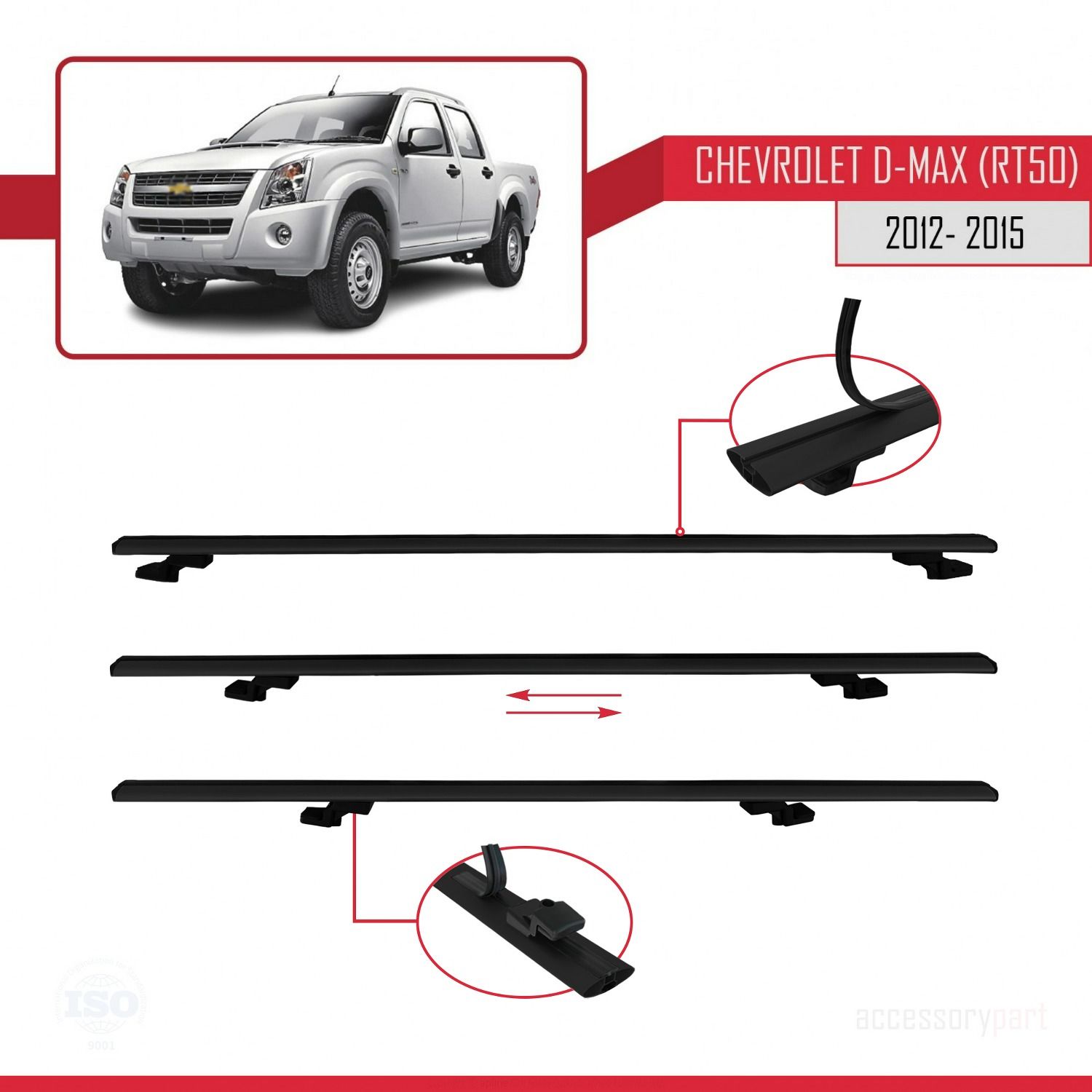 Chevrolet D-Max (RT50) 2012-2015 Arası ile uyumlu Basic Model Ara Atkı Tavan Barı SİYAH 3 ADET