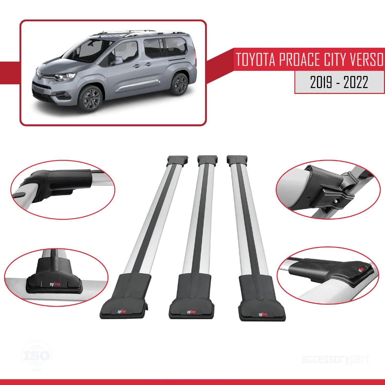 Toyota Proace City Verso 2019-2022 Arası ile uyumlu FLY Model Ara Atkı Tavan Barı GRİ 3 ADET BAR