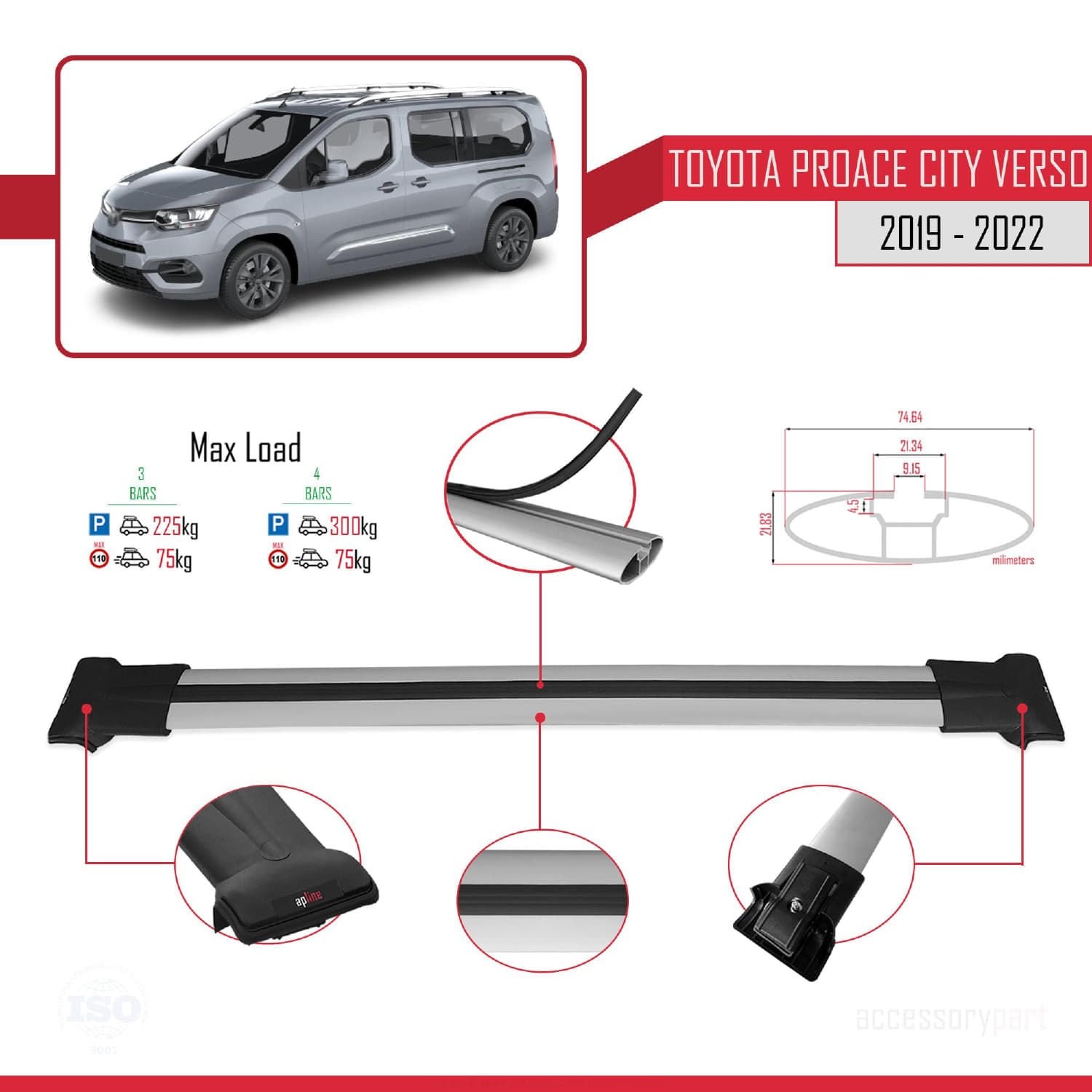 Toyota Proace City Verso 2019-2022 Arası ile uyumlu FLY Model Ara Atkı Tavan Barı GRİ 3 ADET BAR