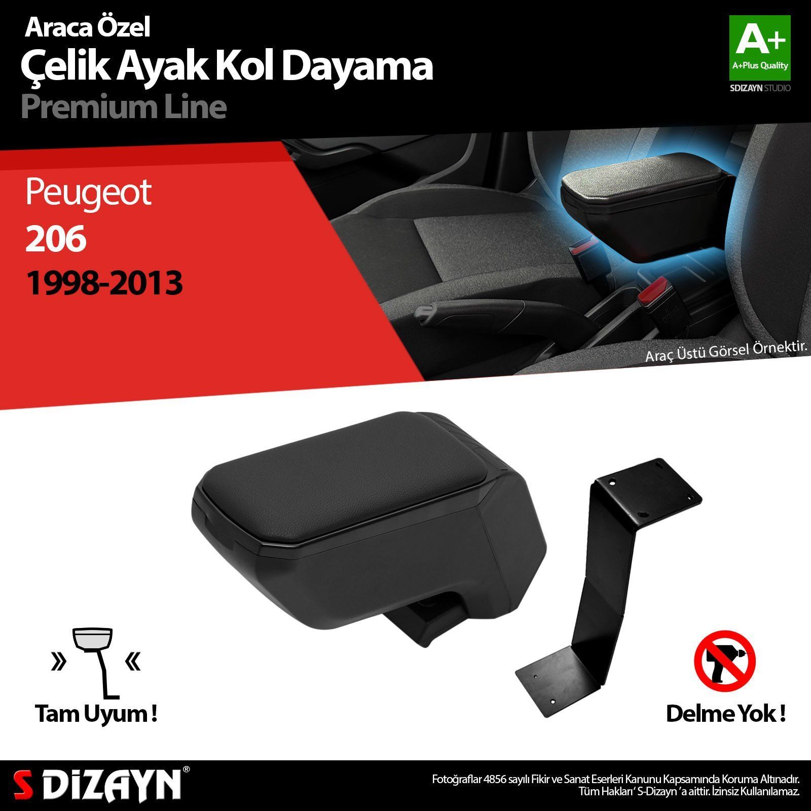 Peugeot 206 Uyumlu Kol Dayama Kolçak Çelik Ayaklı ABS Siyah 1998-2012 A+Kalite Parça