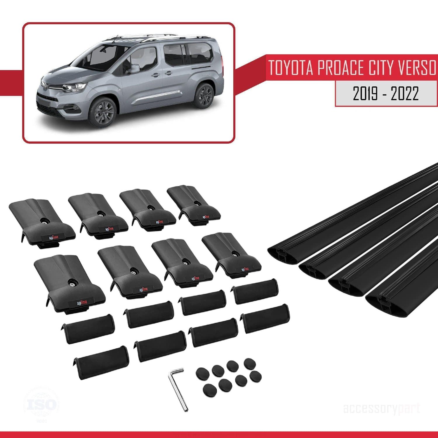 Toyota Proace City Verso 2019-2022 Arası ile uyumlu FLY Model Ara Atkı Tavan Barı SİYAH 4 ADET BAR
