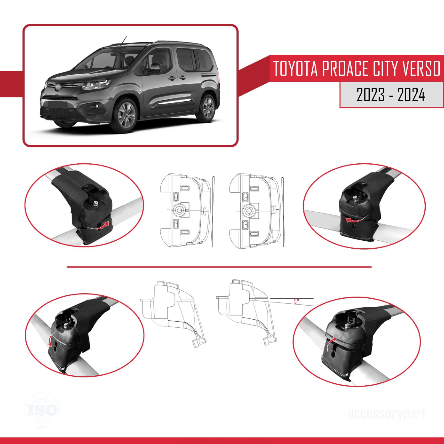 Toyota Proace City Verso 2023 ve Sonrası ile uyumlu ACE-2 Ara Atkı Tavan Barı GRİ