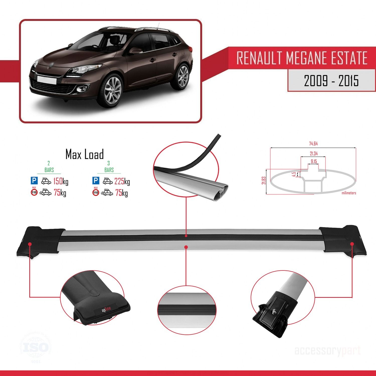 Renault Megane GRANDTOUR 2009-2015 Arası ile uyumlu FLY Model Ara Atkı Tavan Barı GRİ