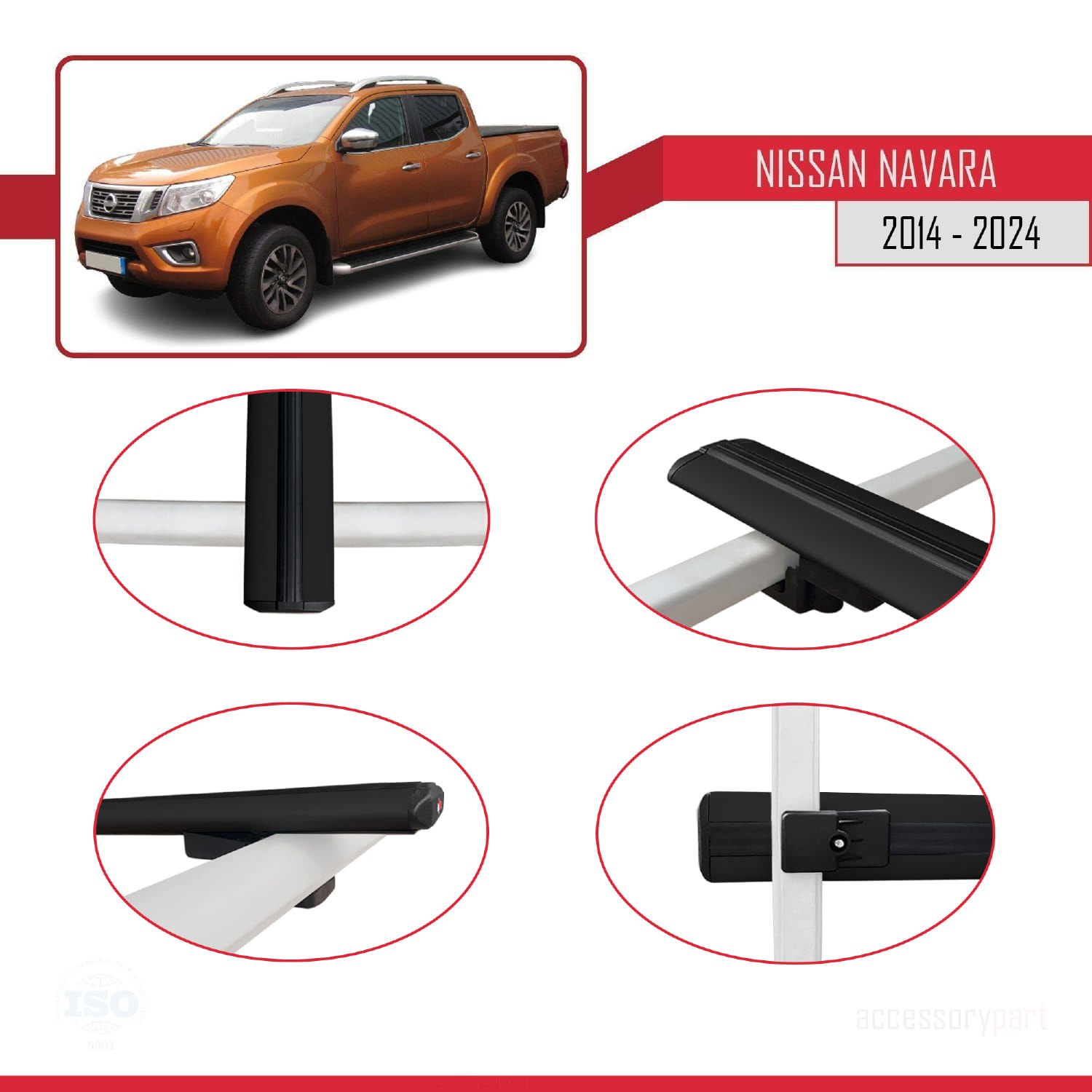 Nissan Navara 2014 ve Sonrası ile uyumlu Basic Model Ara Atkı Tavan Barı SİYAH 3 ADET