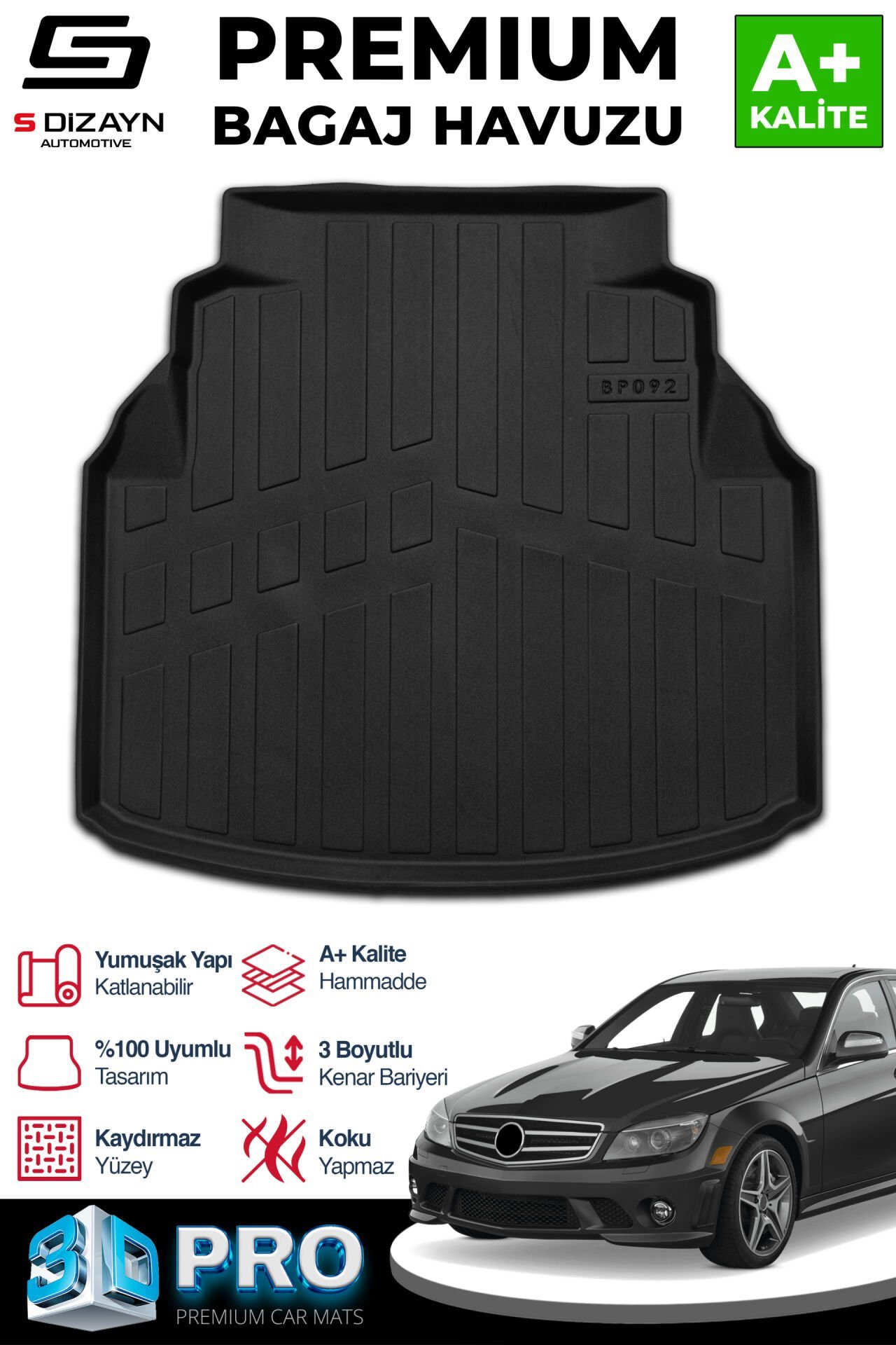 S-Dizayn Mercedes C180 W204 3D Pro Plastik Setli Bagaj Havuzu 2007-2014 A+ Kalite