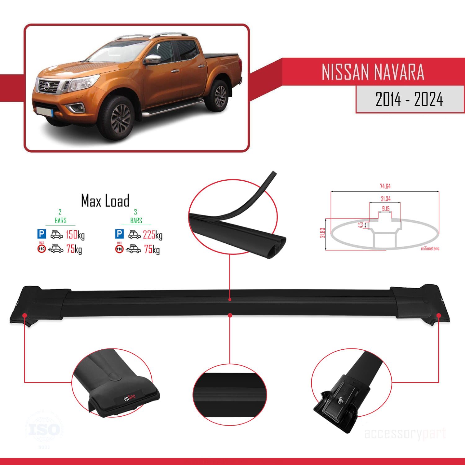 Nissan Navara 2014 ve Sonrası ile Uyumlu FLY Model Ara Atkı Tavan Barı SİYAH